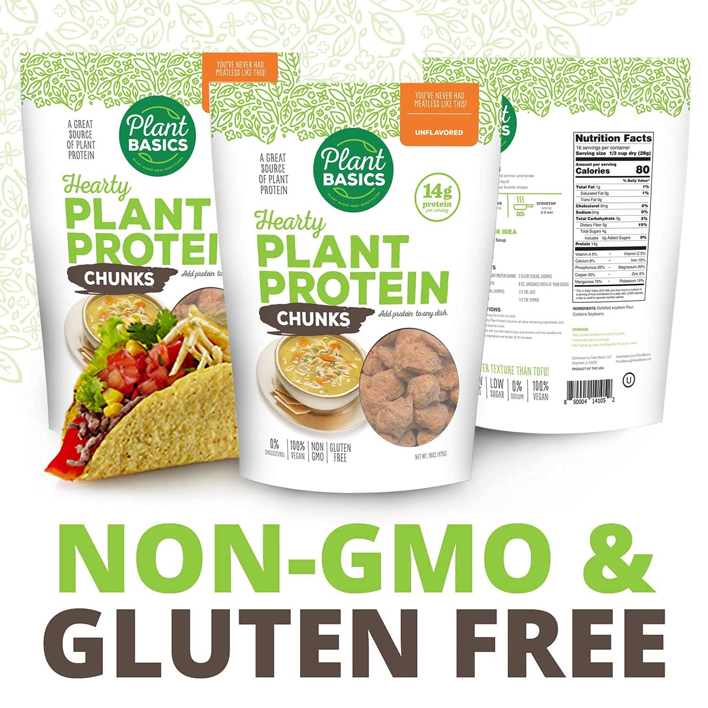 Plant Basics - Hearty Plant Protein - Unflavored Chunks, 1 Lb (Pack Of 6), Non-Gmo, Gluten Free, Low Fat, Low Sodium, Vegan, Mea