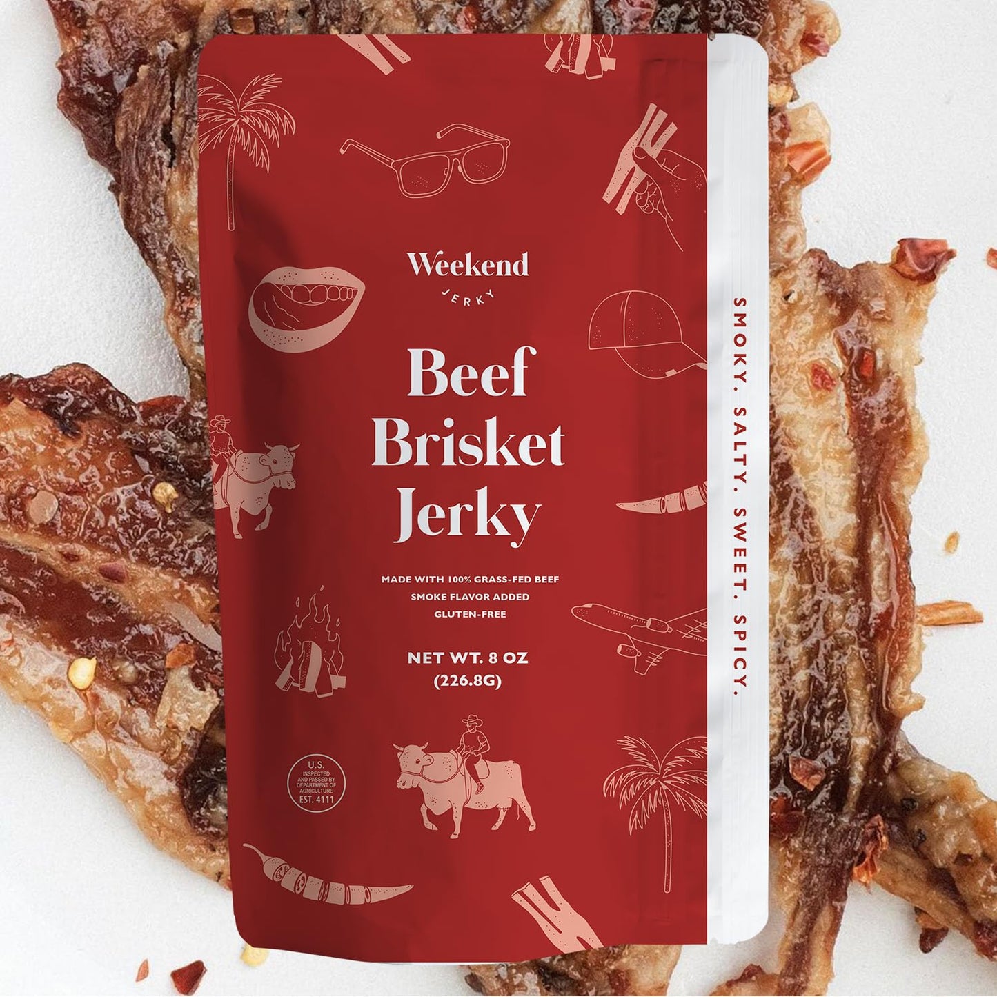 Top-Grade Beef Brisket Jerky 1/2 Pound By Weekend Jerky - Made With 100% Grass-Fed Beef Gluten-Free Sweet Spicy Smoky Salty Fatty Thin Crispy Super Tasty Flavorful Highly Addicting No Added Refined Sugars (8Oz)