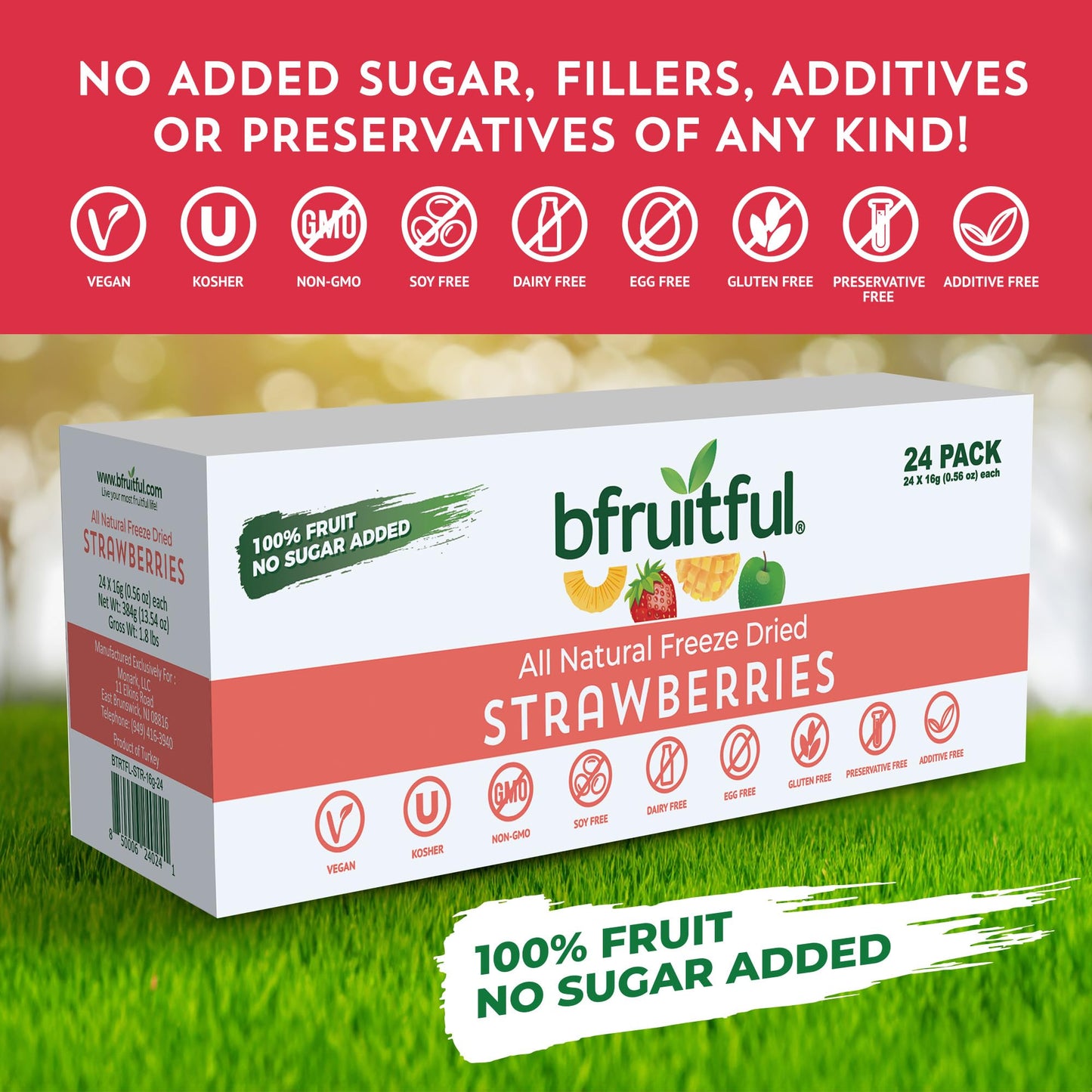 Bfruitful Freeze-Dried Strawberries, Freeze Dried Fresh Fruit Bites, Gluten Free, Vegan, Dairy Free, Kosher, No Sugar Added, Non