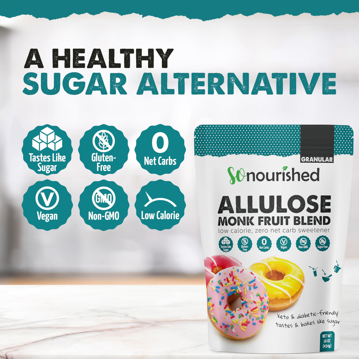 Monk Fruit Sweetener With Allulose Granular - 1:1 Sugar Substitute, Keto - 0 Calorie, 0 Net Carb, Non-Gmo (1 Lb / 16 Oz)