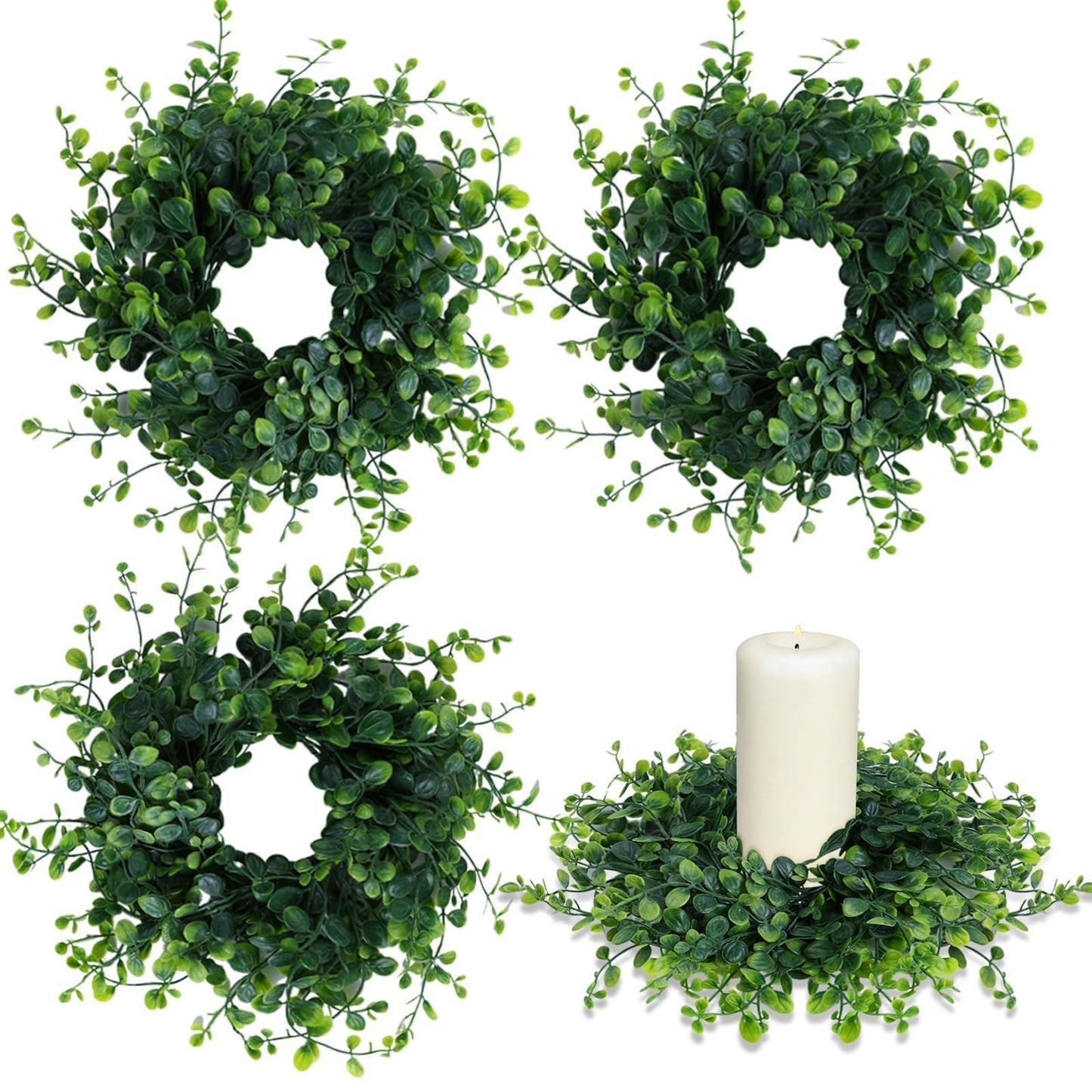 4 Pcs Candle Rings Wreaths 3 Inch Wedding Candle Rings Pillars Candle Wreath Kitchen Cabinet Wreaths Mini Green Boxwood Candle W