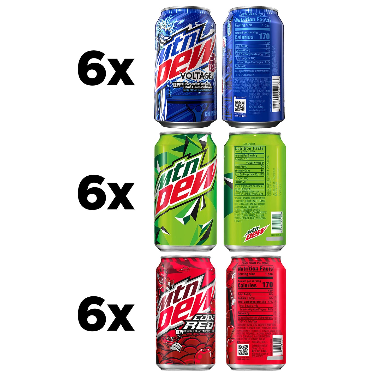 Mountain Dew 3 Flavor Variety Pack - Dew, Code Red, Voltage, 12 Fl Oz, Pack of 18