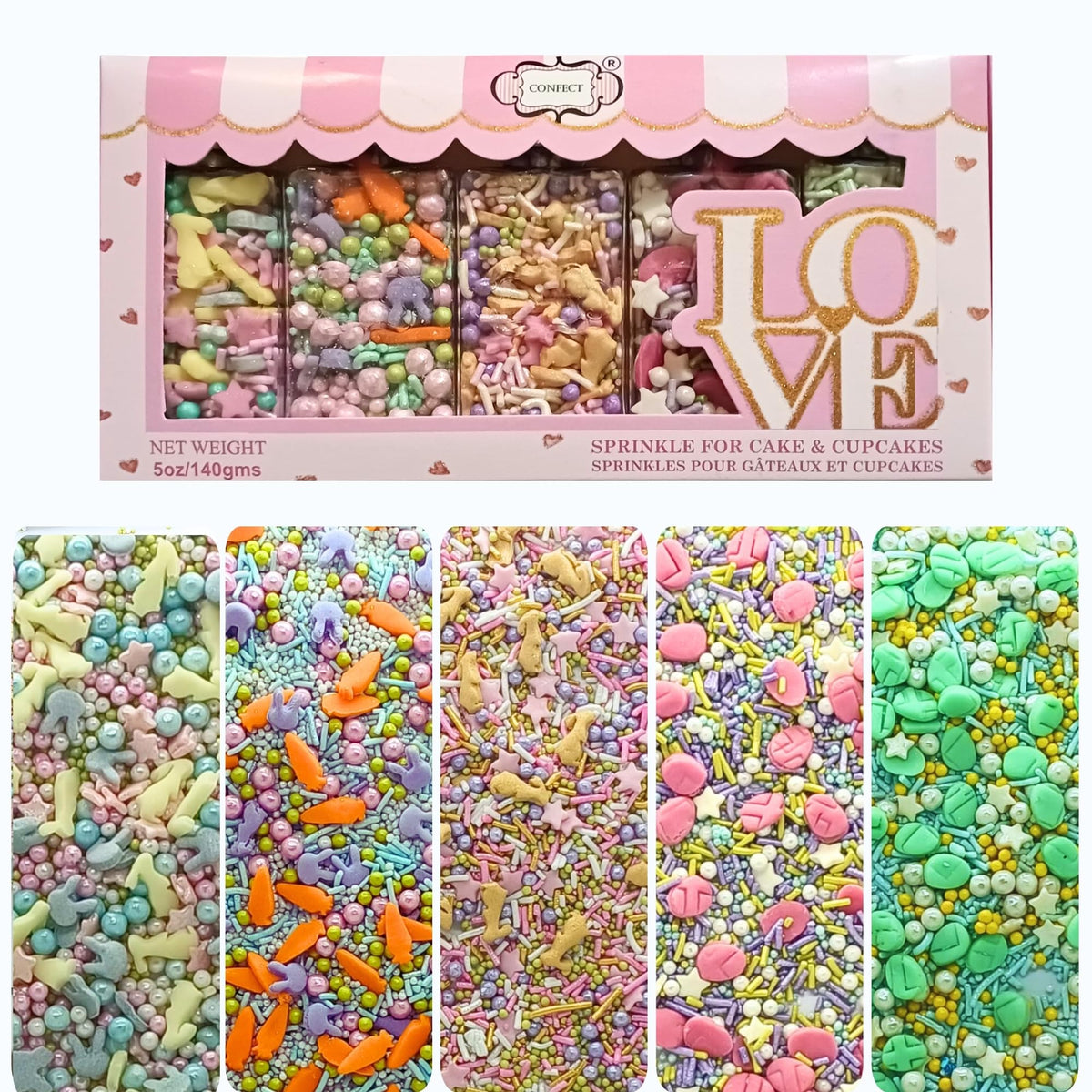 Confect Edible Sprinkles - Assorted 5-Pack | Easter & Baby Shower Cake Decorations | Green & Pink Sprinkles, Bunny Mix, Yellow &