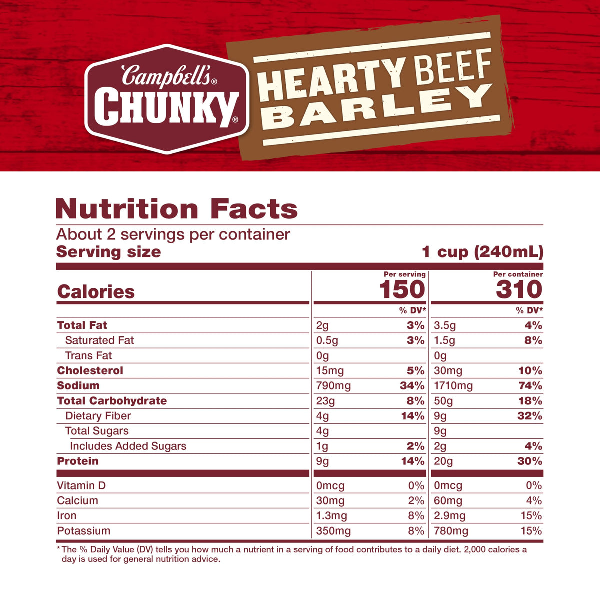 Campbell'S Chunky Soup, Hearty Beef And Barley Soup, 18.8 Oz Can