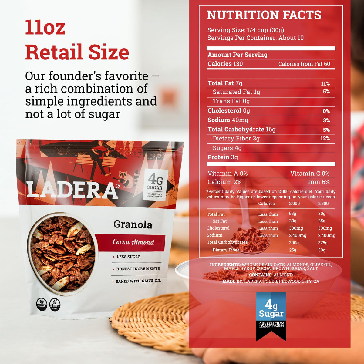 Ladera Foods Cocoa Almond Granola - Low Sugar, Gluten Free, Vegan - 11 oz