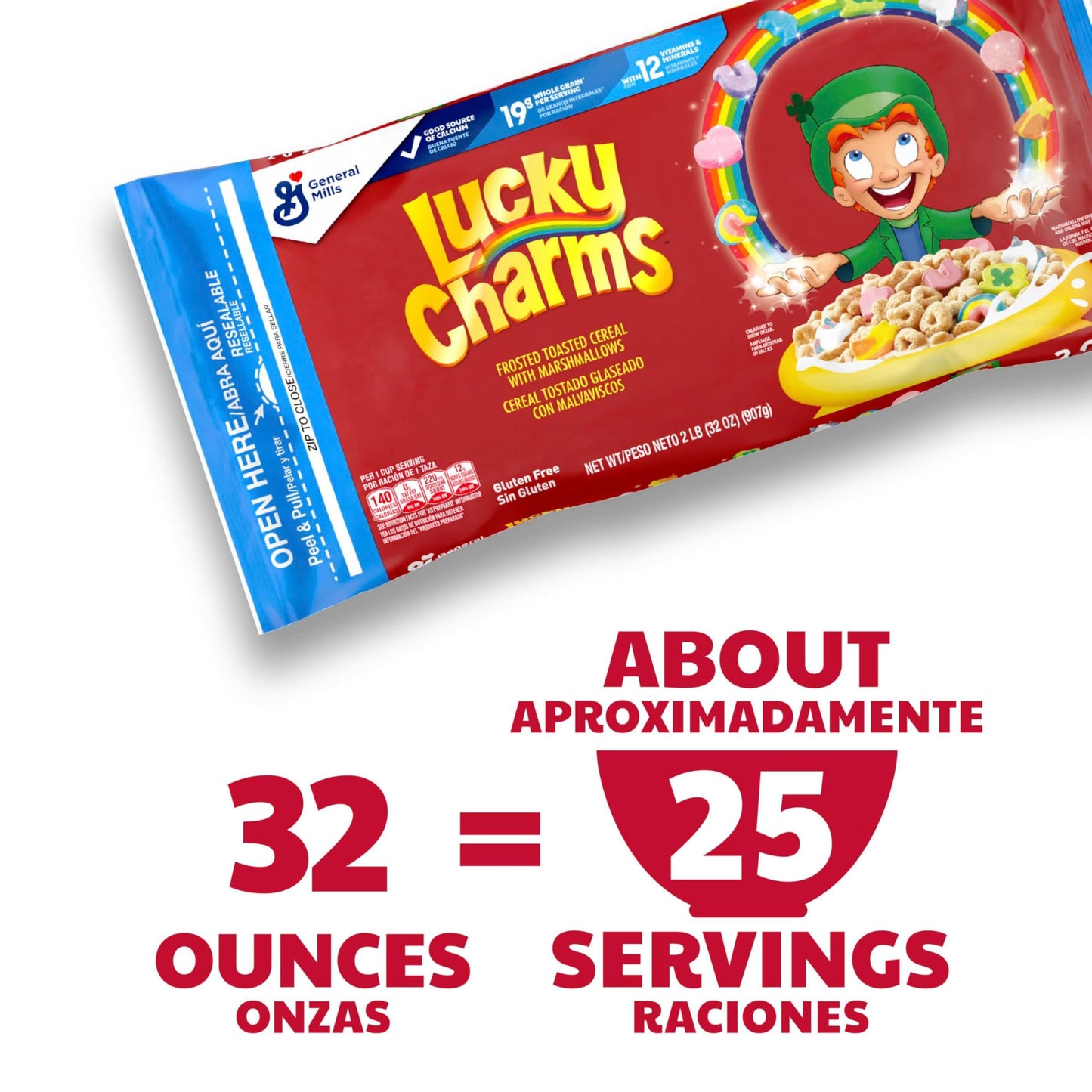Lucky Charms Gluten Free Cereal with Marshmallows, Kids Breakfast Cereal, Made with Whole Grain, Value Bag, 32 oz