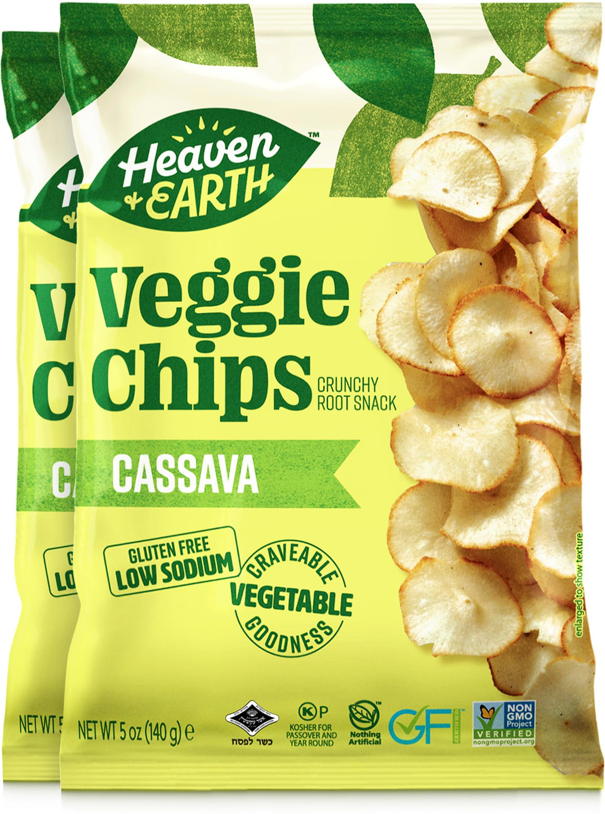 Heaven & Earth Cassava Chips, 5Oz (2 Pack) Gluten Free | Non Gmo | Low Sodium | Thin & Crisp Root Snack | Kosher