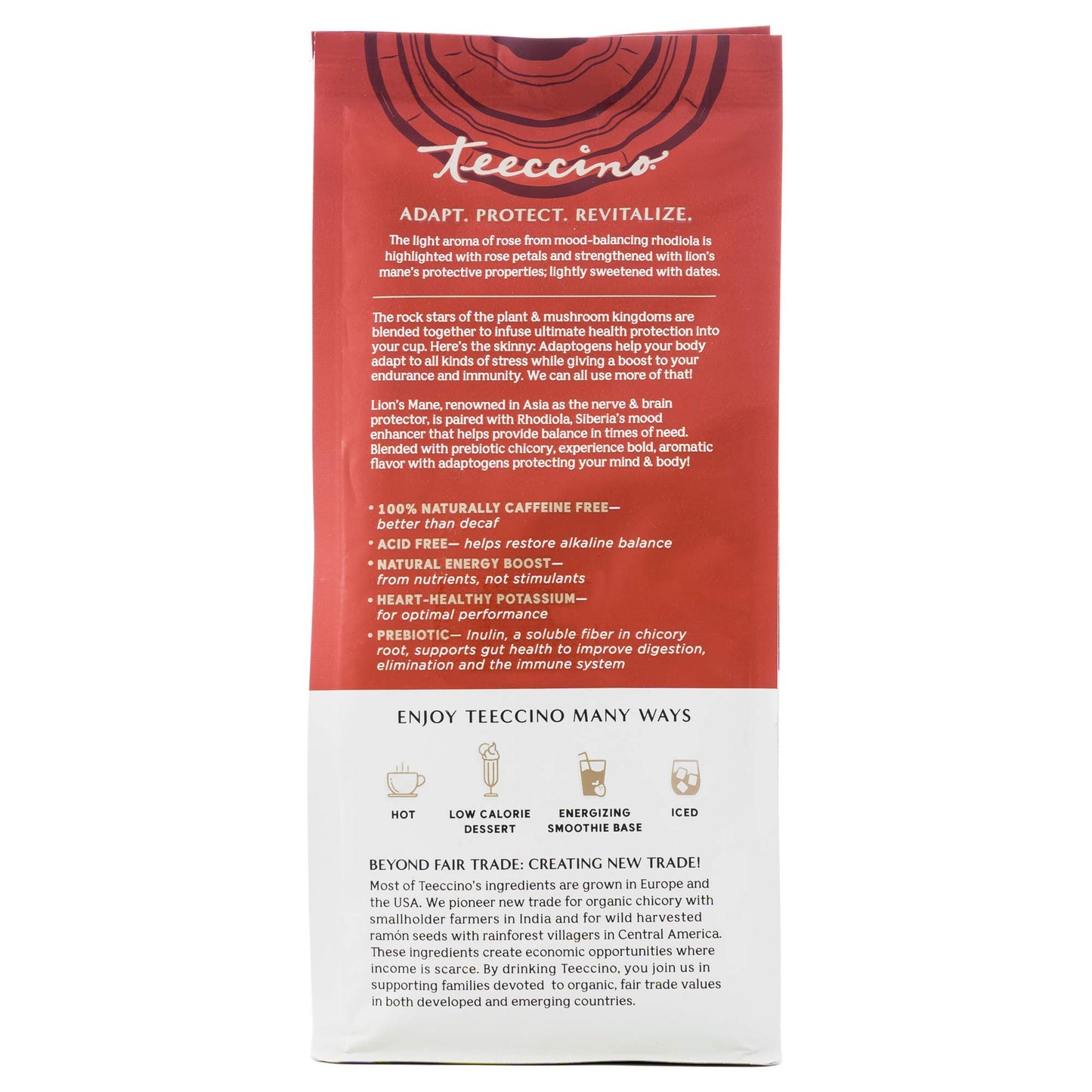 Teeccino Lion’s Mane Rhodiola Coffee Alternative, Medium Roast, 10 Oz, Caffeine Free, Prebiotic, Acid Free