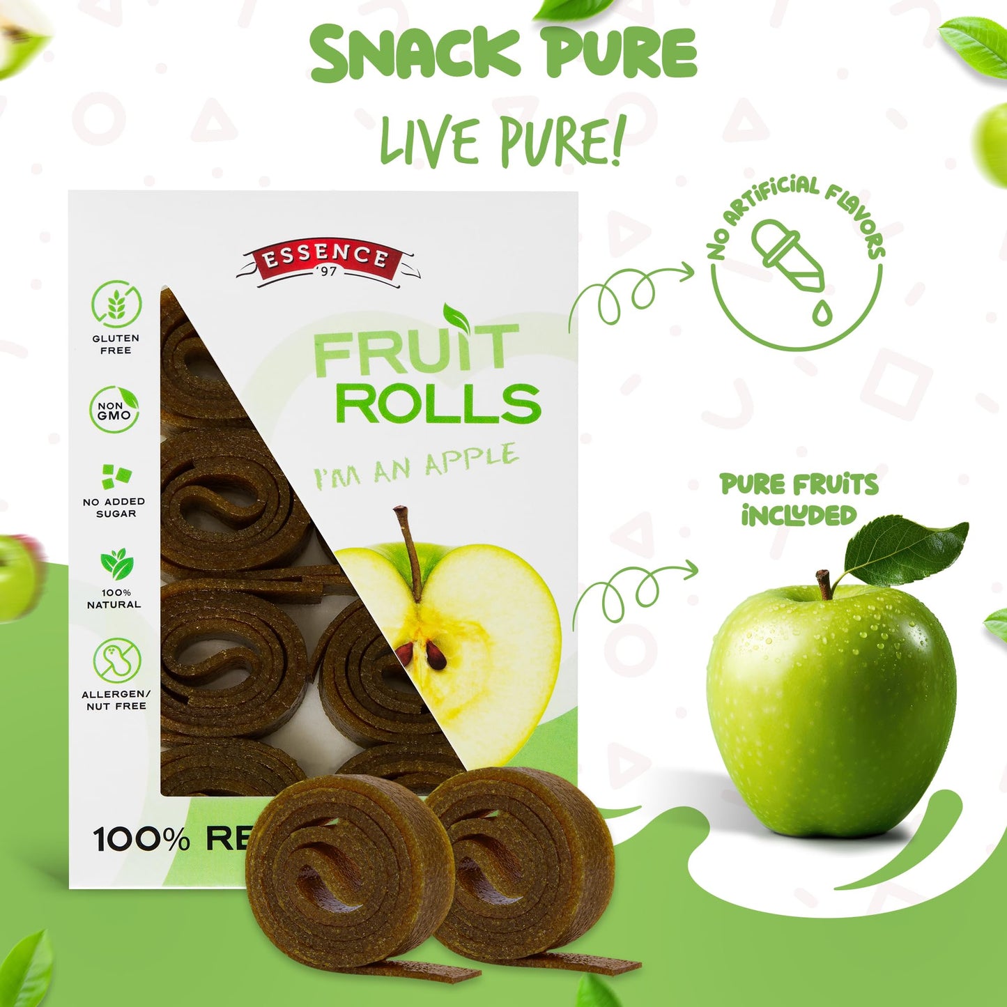 Essence 97 Fruit Roll Ups - Vegan Non-GMO Natural Apple Fruit Strips, 16 Count