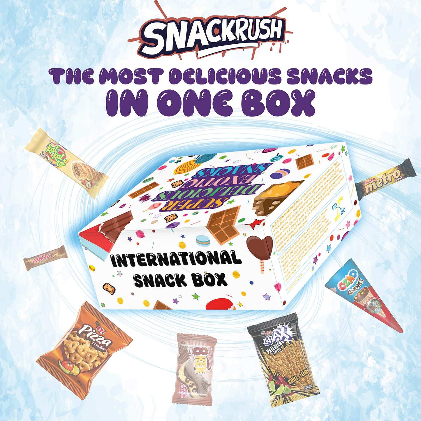SnackRush International Snack Box | 34+ Unique Snacks | Mega Size | White/Multicolor