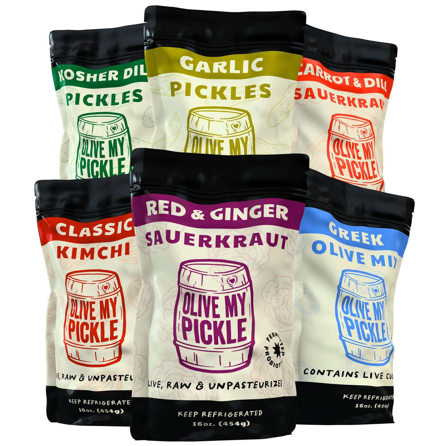 Olive My Pickle Fermented Sauerkraut Organic, Olives & Kimchi | 6 Pack of Carrot & Dill, Red & Ginger Sauerkraut, Garlic & Koshe
