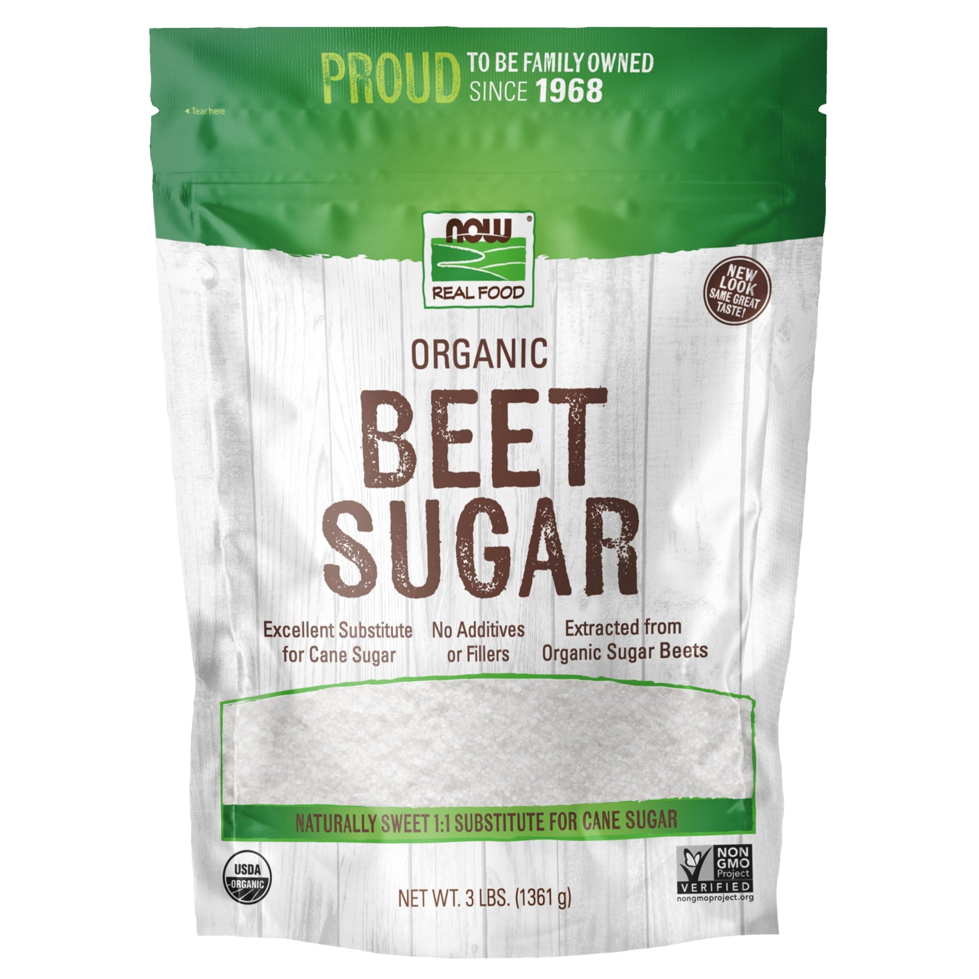 NOW Foods  Certified Organic Beet Sugar  Extracted from Organic Sugar Beets  Excellent Substitute for Cane Sugar  No Additivies or Fillers  Certified Non-GMO  3-Pound (Packaging May Vary)