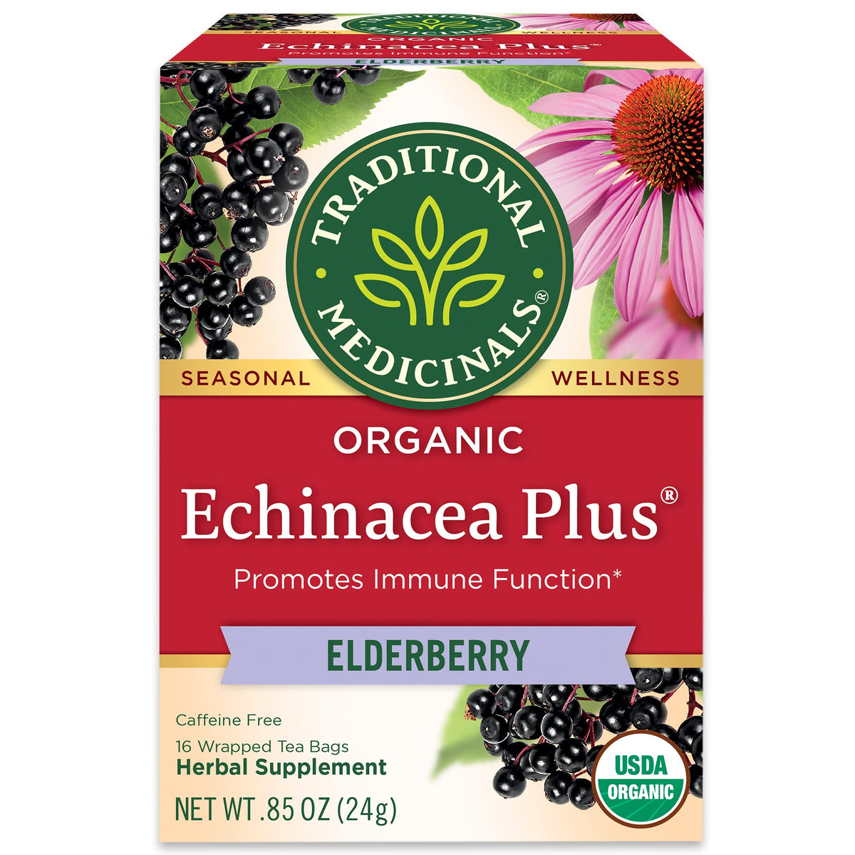 Traditional Medicinals Organic Echinacea Plus Elderberry Tea - 16 Tea Bags, Boosts Immune System, 100251