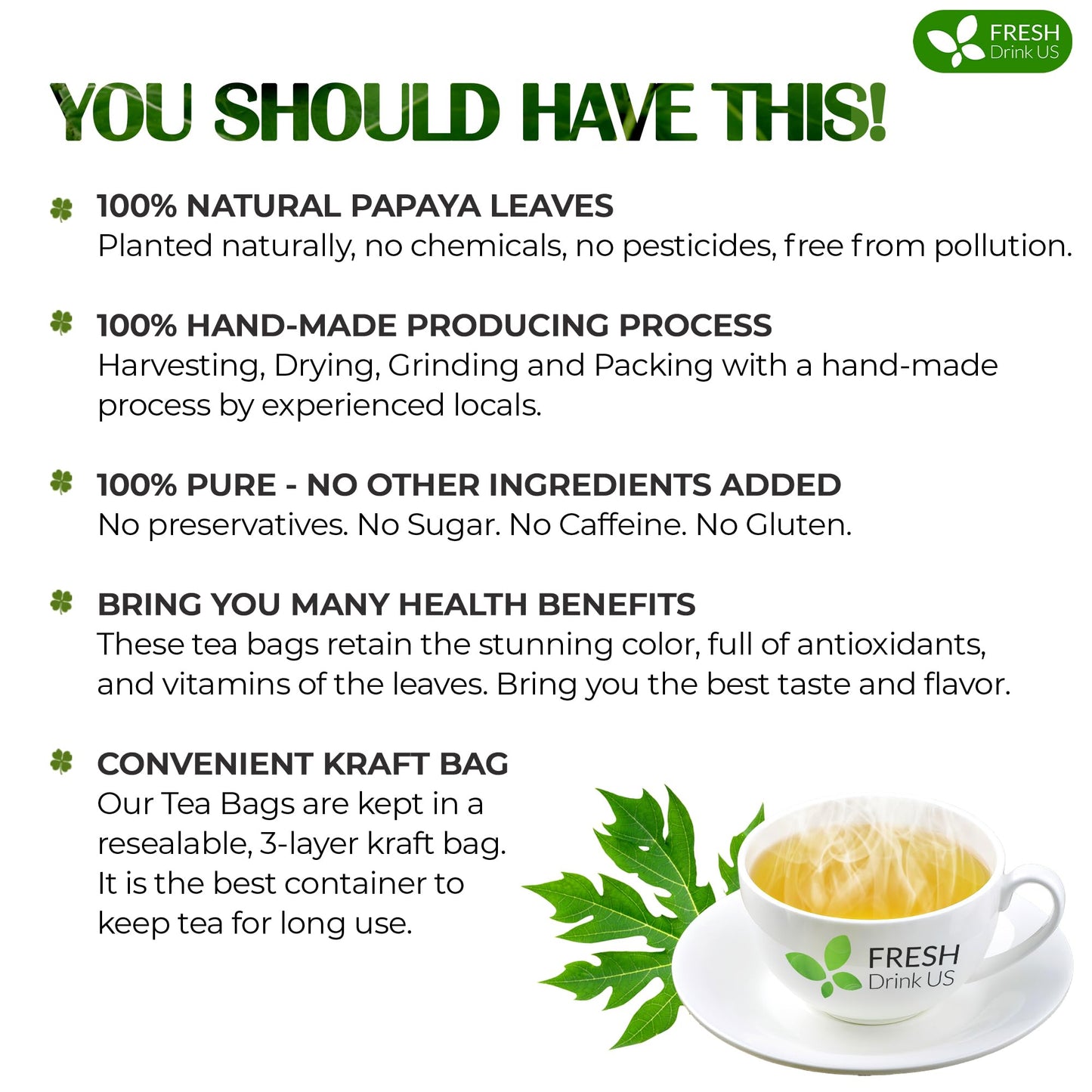 FRESHDRINKUS Papaya Leaf Tea Bags, 100% Natural Herbal Tea, 135 Bags, Vegan, No Caffeine, No Sugar, Gluten-Free