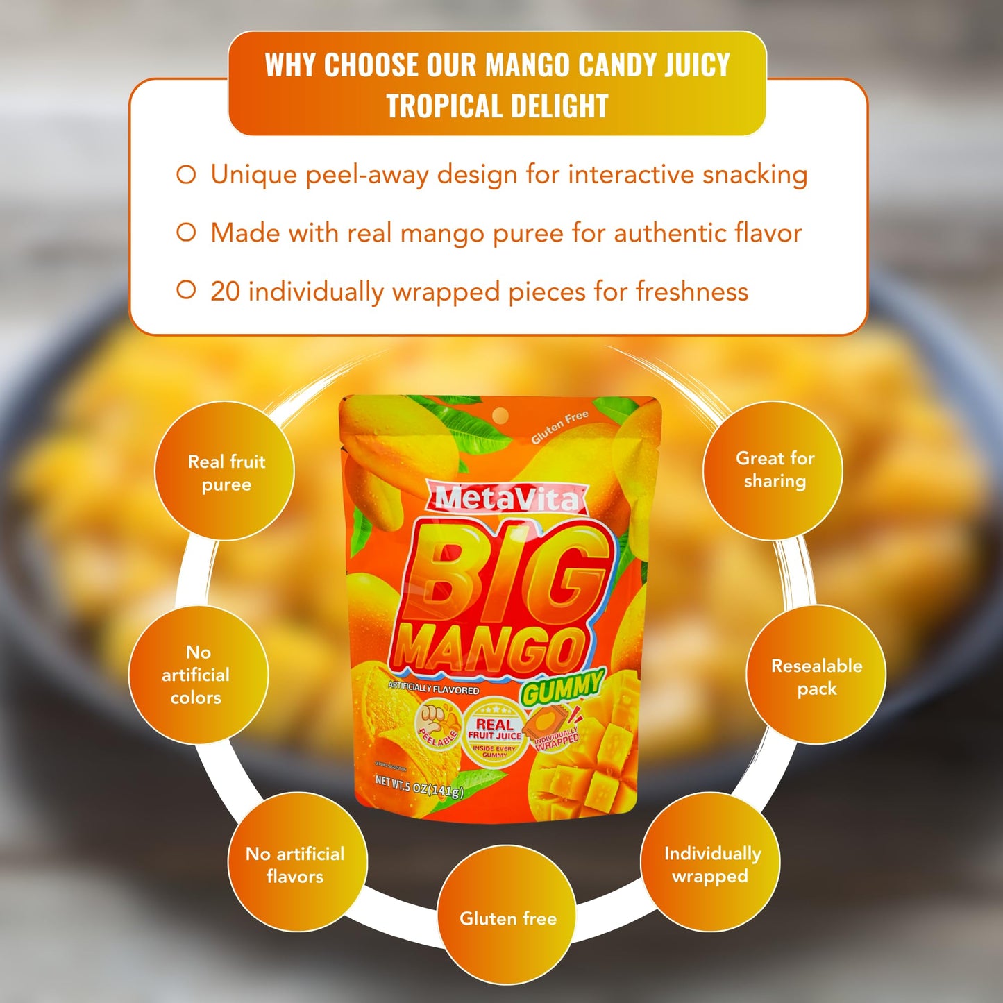 Luckycare MetaVita Big Mango Gummy Candy - Chewy, Gluten-Free, 5oz (1 Pack)