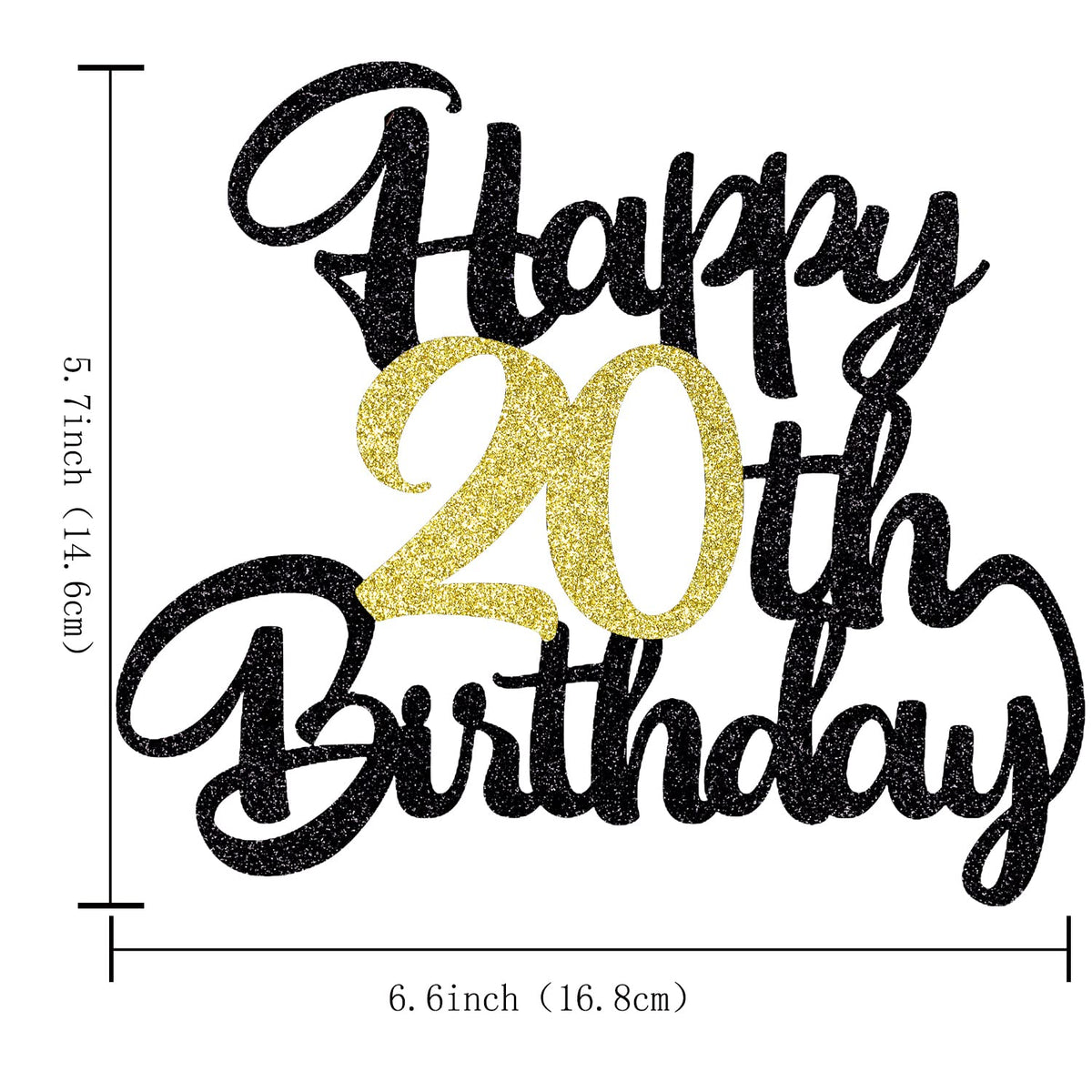 Klionjor Happy Birthday Cake Topper - Black Gold Glitter, Cardboard, 20th Birthday Decoration
