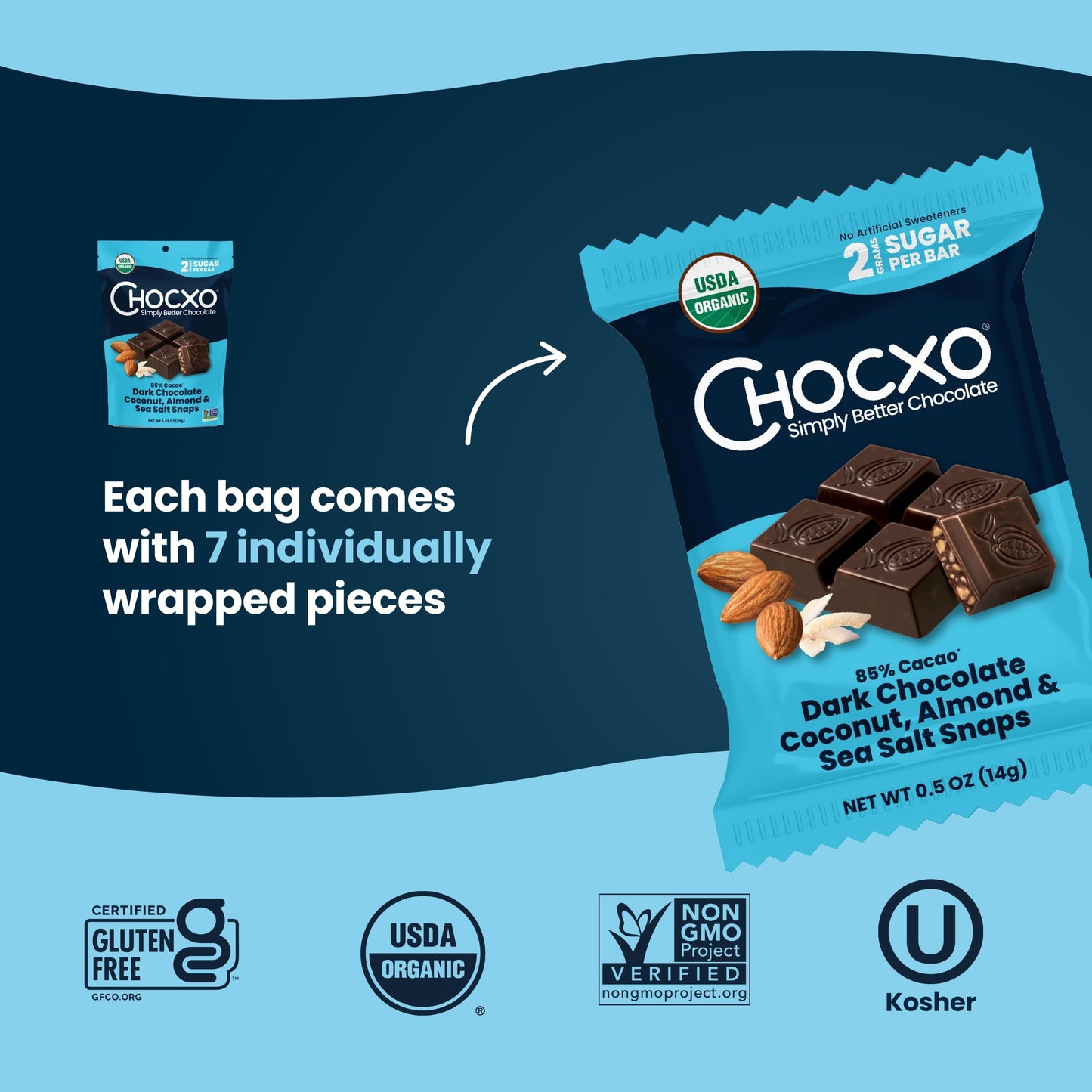 Chocxo Dark Chocolate Coconut Almond & Sea Salt Snaps - Low In Sugar, Organic 85% Cacao, Non-Gmo, Keto Certified, Gluten Free & Kosher. No Artificial Sweeteners Or Sugar  S, 3.45 Oz (Pack Of 6)