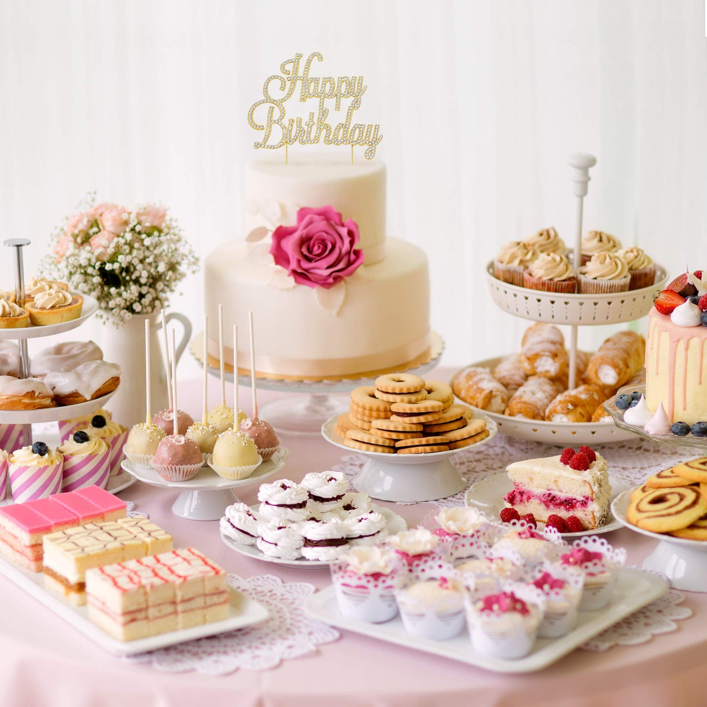 Crystal Creations Happy Birthday Cake Topper - Premium Gold Metal with Rhinestones - 1 Count