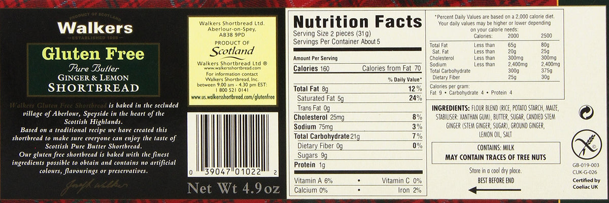 Walkers Shortbread Gluten-Free Ginger And Lemon Shortbread, 4.9 Ounce
