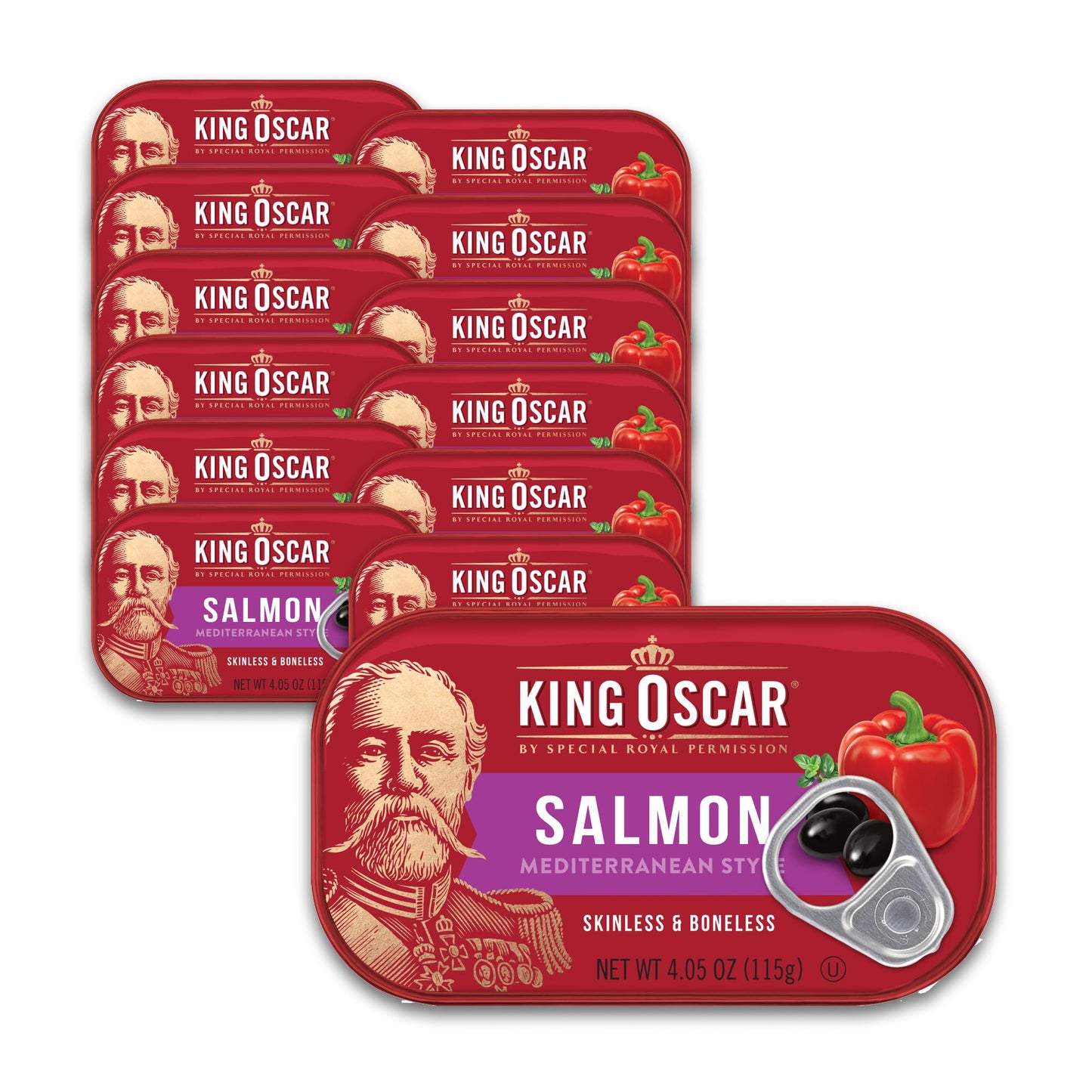 King Oscar Premium Salmon in Olive Oil, Mediterranean Style, 4.05-Ounce Cans (Pack of 12, Packaging May Vary), Skinless & Bonele