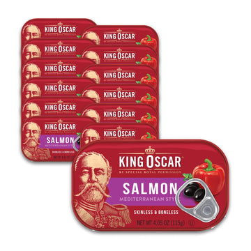 King Oscar Premium Salmon in Olive Oil, Mediterranean Style, 4.05-Ounce Cans (Pack of 12, Packaging May Vary), Skinless & Bonele