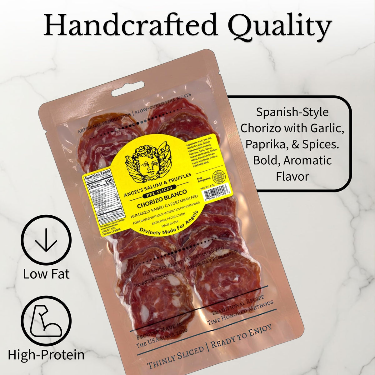 ANGELS SALUMI Pre-Sliced Chorizo Blanco Salami - 3oz Gourmet Charcuterie - Humanely Raised,    &  -Free (Pack of 6)