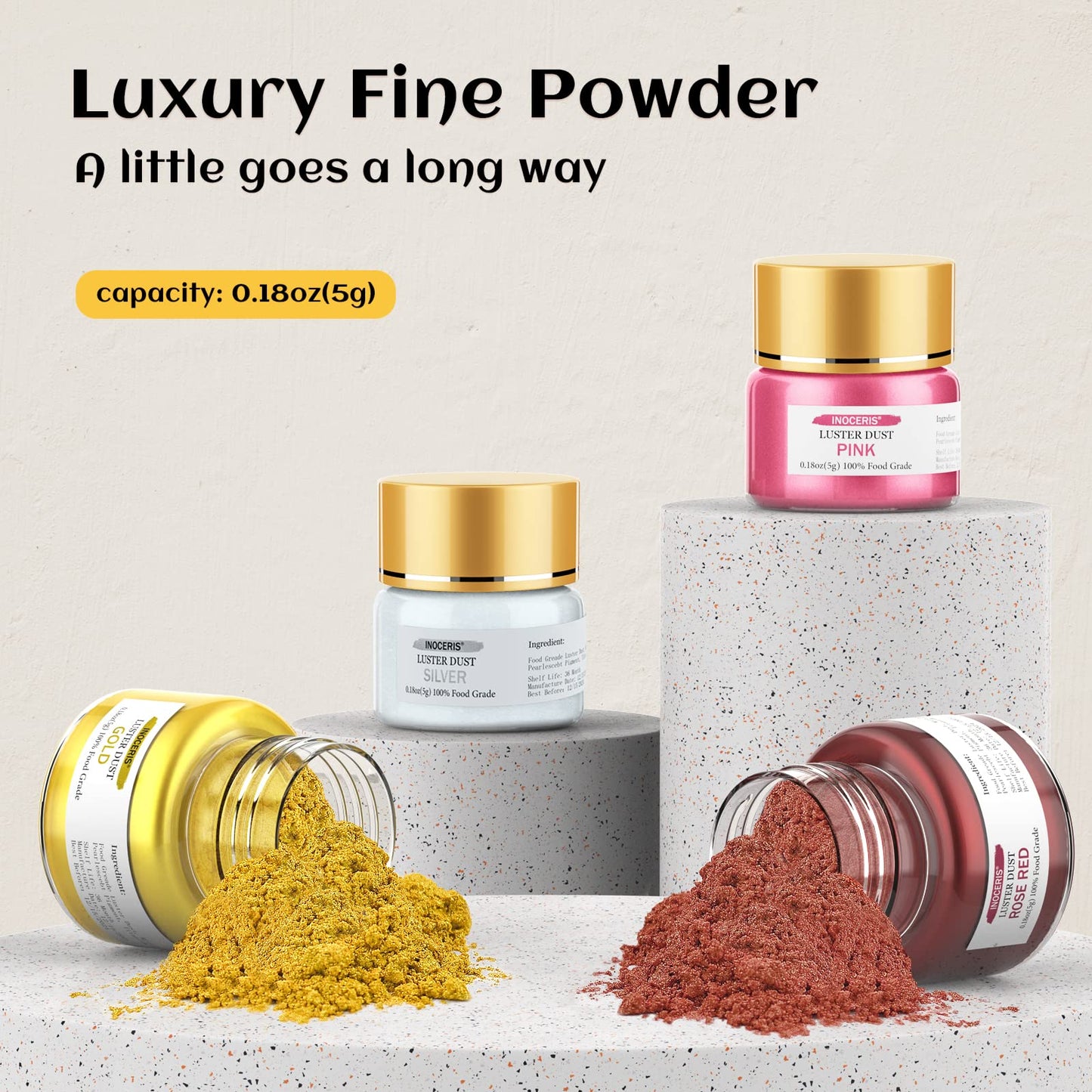 INOCERIS Edible Luster Dust Set - Metallic Shimmer Powder for Baking, Decorating, Candy & Drinks - Small, Flavorless, Luster Dust