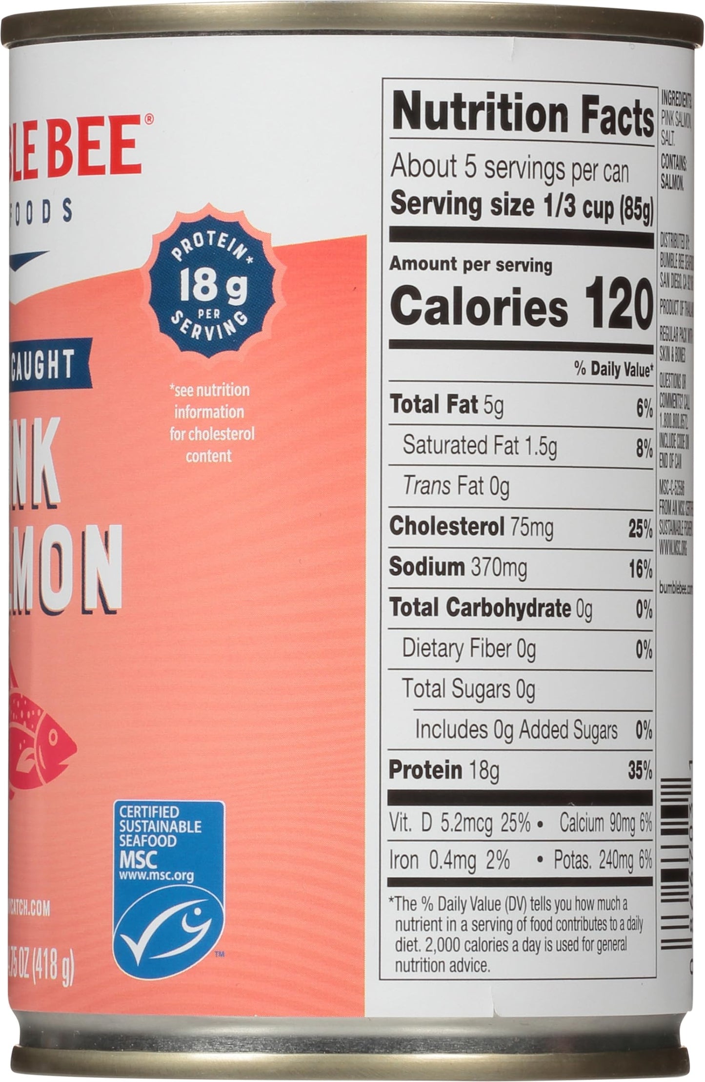 Bumble Bee Canned Pink Salmon, 14.75 oz Cans (Pack of 12) - Premium Wild Caught Salmon with Skin & Bones - 18g Protein per Servi