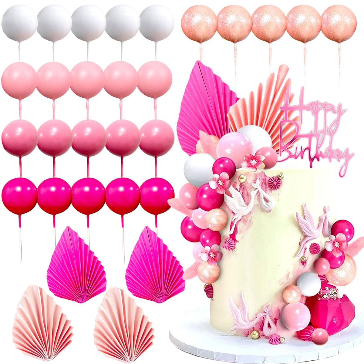 Roaring Good Time 32 PCS Pink Balls Cake Decoration Baby Shower Cake decoration Pink Leaves Palm Leaves Cake Decoration Boho Cak