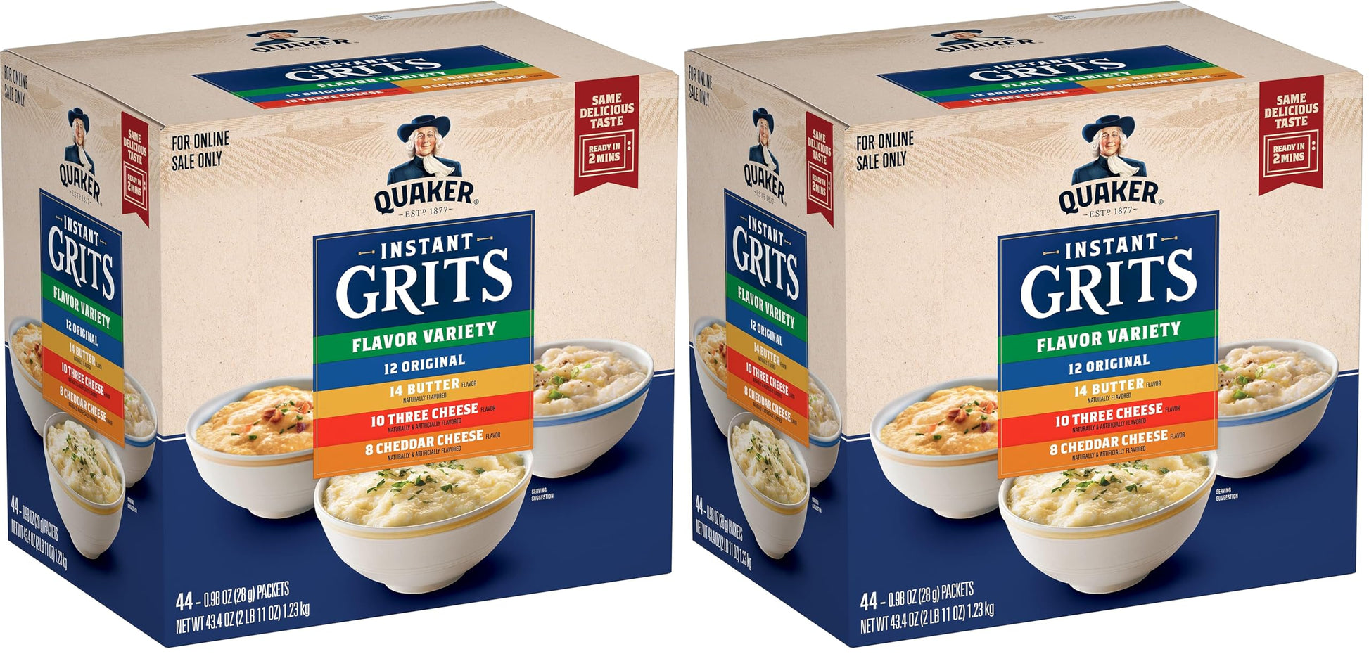 Quaker Instant Grits, 4 Flavor Variety Pack, 0.98oz Packets,44 Count (Pack of 2)