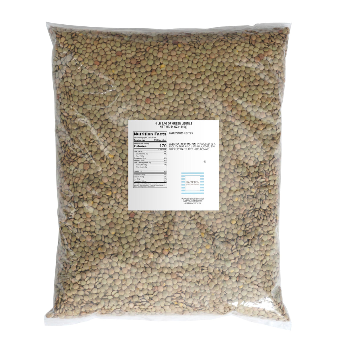 Hampton Distribution Green Lentils, 4 Pound Bulk Bag, 64 Ounce, Pack of 1