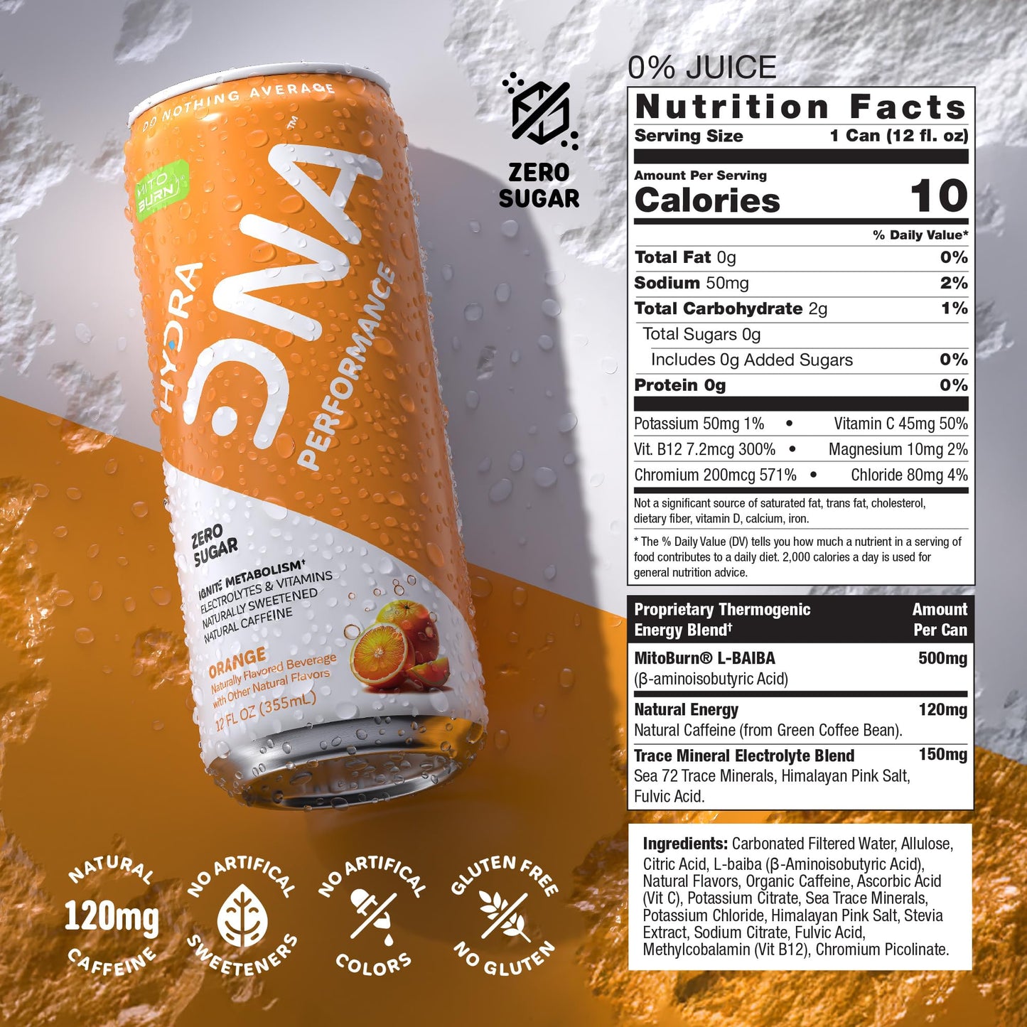 HYDRADNA Clean Performance Drink, Zero Sugar, 12 Fl Oz (Pack of 12), Orange, 120 mg Organic Caffeine, Natural Flavors