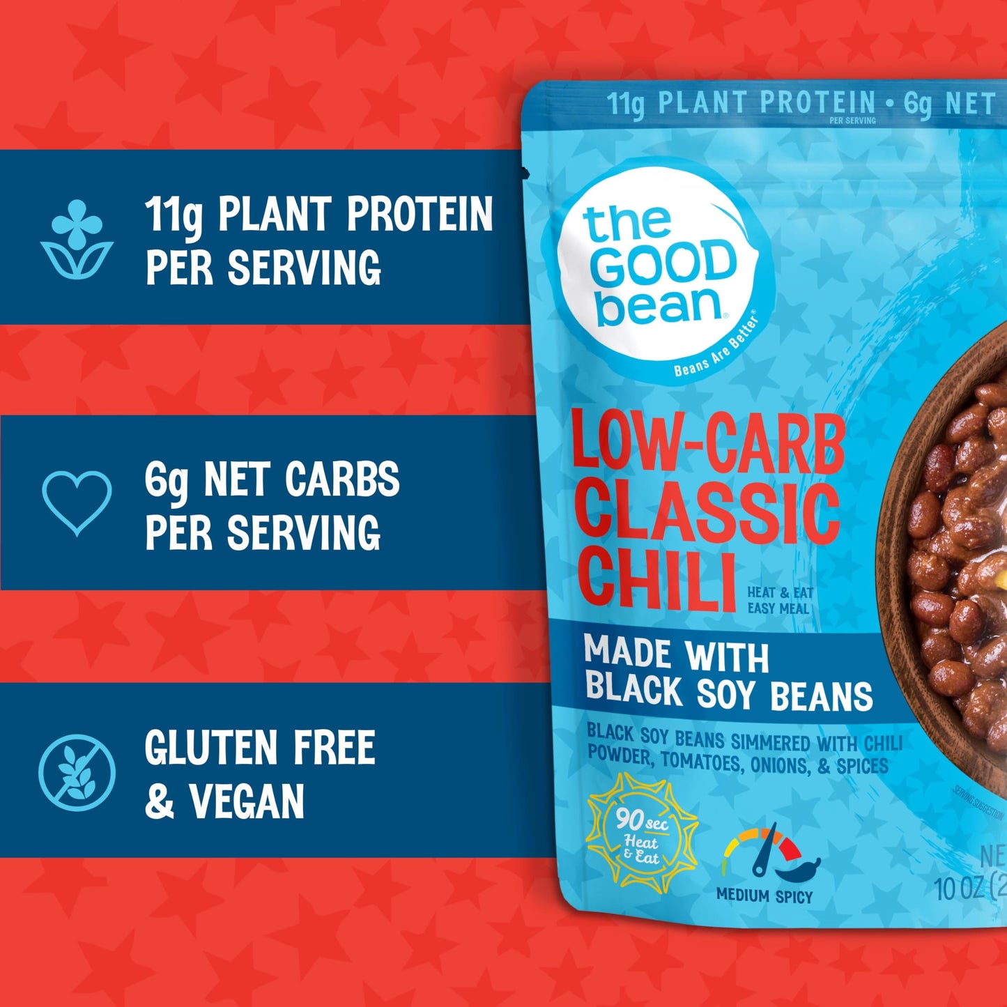 The Good Bean Heat and Eat Pouch - Low-Carb Classic Chili - (4 Pack) 10 oz Pouch - Simmered Black Soybeans with Chili Powder - P