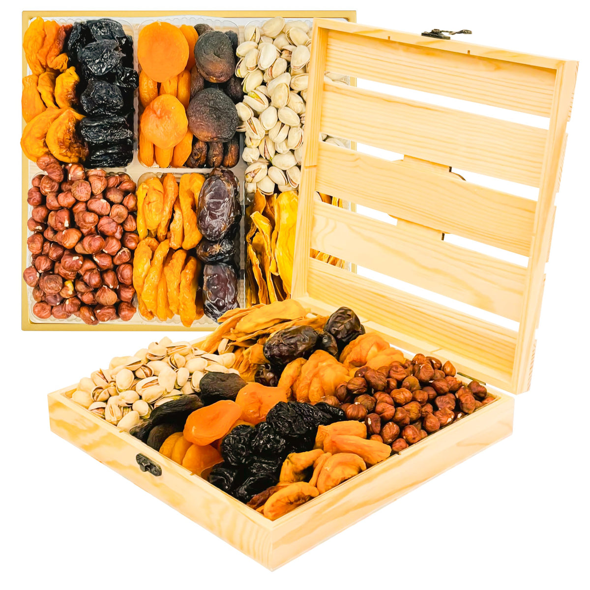 Anna And Sarah Gourmet Dried Fruit & Nuts In Wooden Gift Box Includes Strip Mango-Fancy Dates-Pear-Peach- Apricot-Dried Prune-Apricot-Oregon Hazelnut And California Pistachios Kosher-Halal For Christmas-Holiday For Mom-Dad-Boy-Girl Everyone