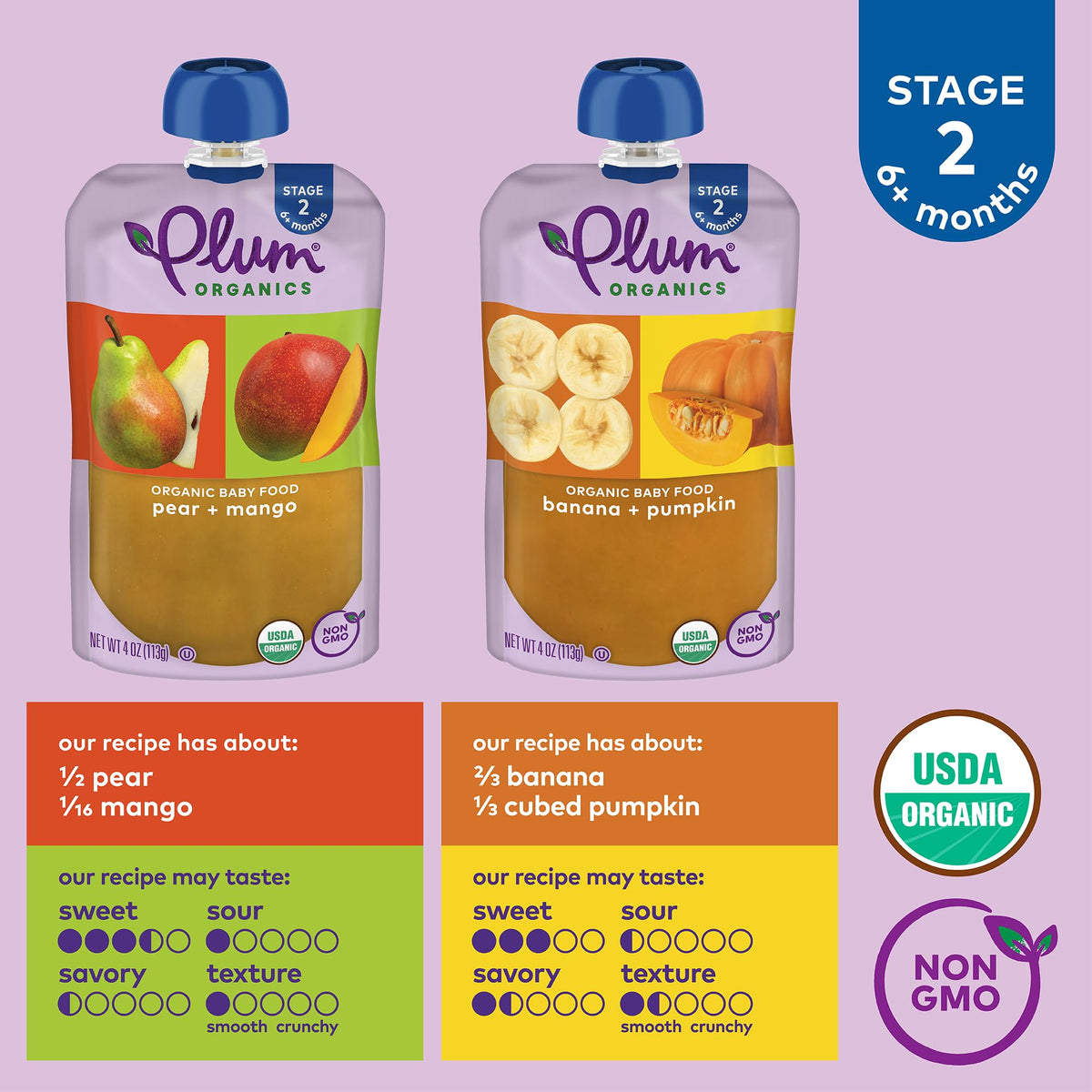 Plum Organics Variety Pack 6+Months - Pear + Mango & Banana + Pumpkin - Organic Fruit And Veggie Baby Food Pouches - 4 Oz Pouch (Pack Of 8)