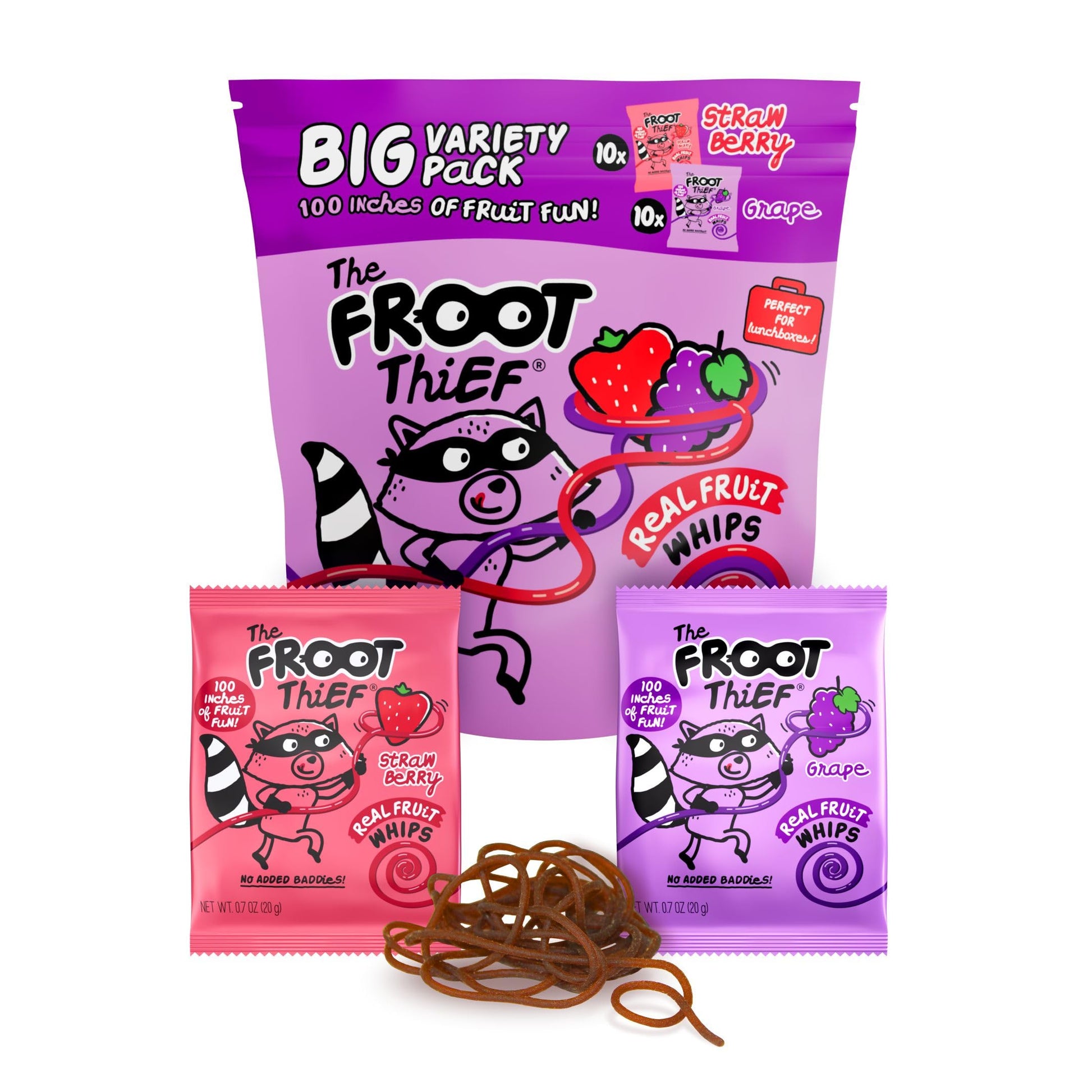 The FROOT Thief Real Fruit Snack Whips BIG Variety Pack, Nut Free, Individual Bags for Kids School Lunches, 10xStrawberry, 10xGr