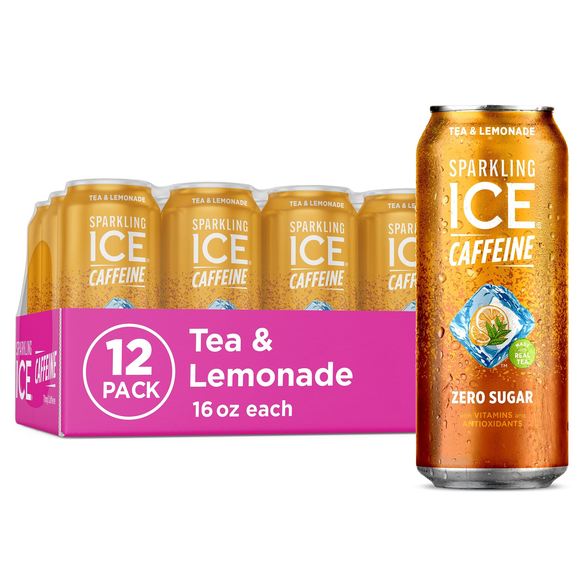 Sparkling Ice Caffeine Tea + Lemonade Sparkling Water, Zero Sugar, 16 Fl Oz Cans, Pack of 12