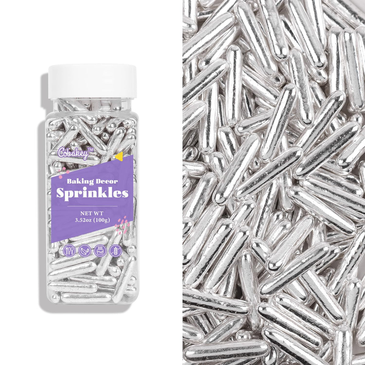 Cobakey Bright Silver Sprinkles For Cake Decorations 100G/ 3.52Oz Rods Metallic Pearl Sugar Sprinkles For Cupcake Toppers Weddin