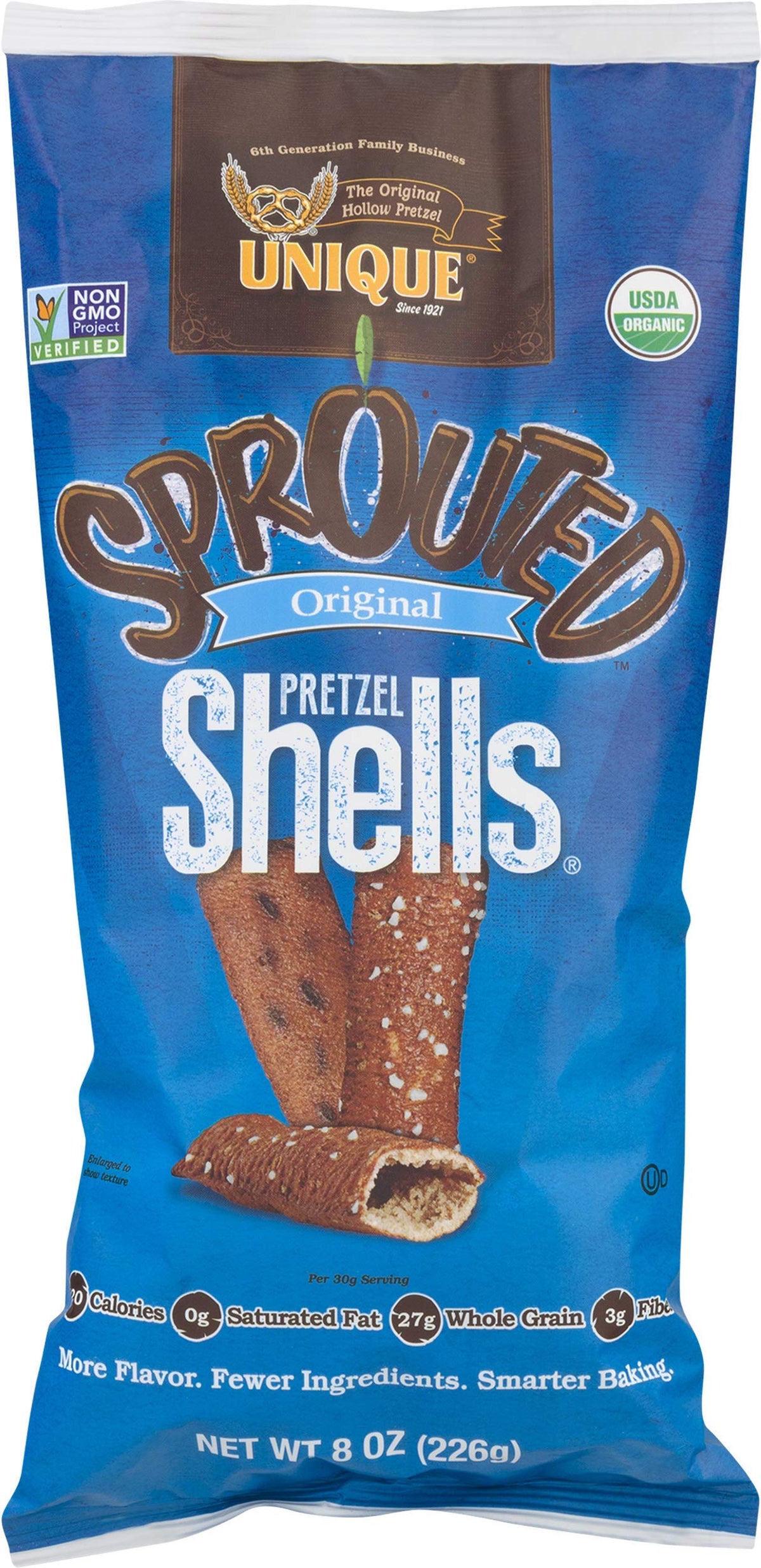 Unique Snacks Sprouted Pretzel Shells, Vegan, 8 Ounce Bag, Pack of 3, Certified OU Kosher, Non-GMO