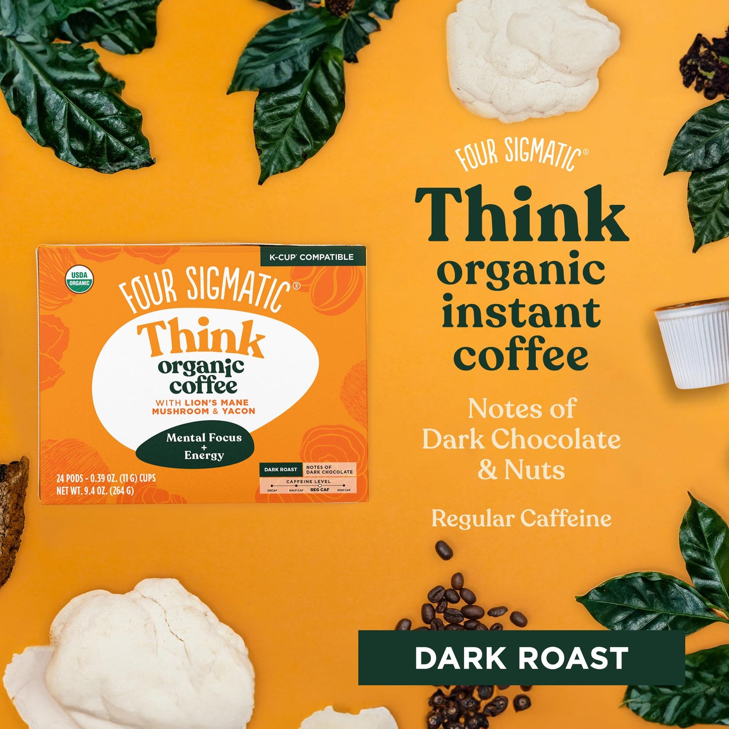 Four Sigmatic Mushroom Coffee K-Cups, Organic Dark Roast Coffee with Lion’s Mane, Vegan & Keto, 24 Count