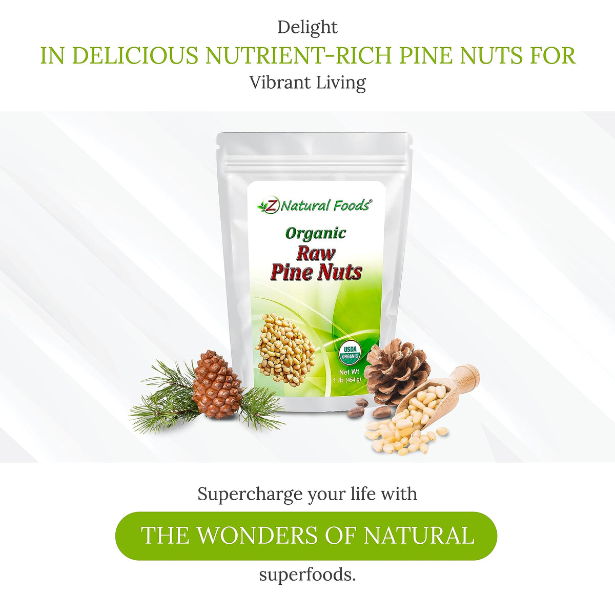 Z Natural Foods Raw Organic Pine Nuts, All Natural, 100% Pure, Vegan, Non-Gmo, Kosher, Gluten-Free Snacks, Keto-Friendly Snacks,