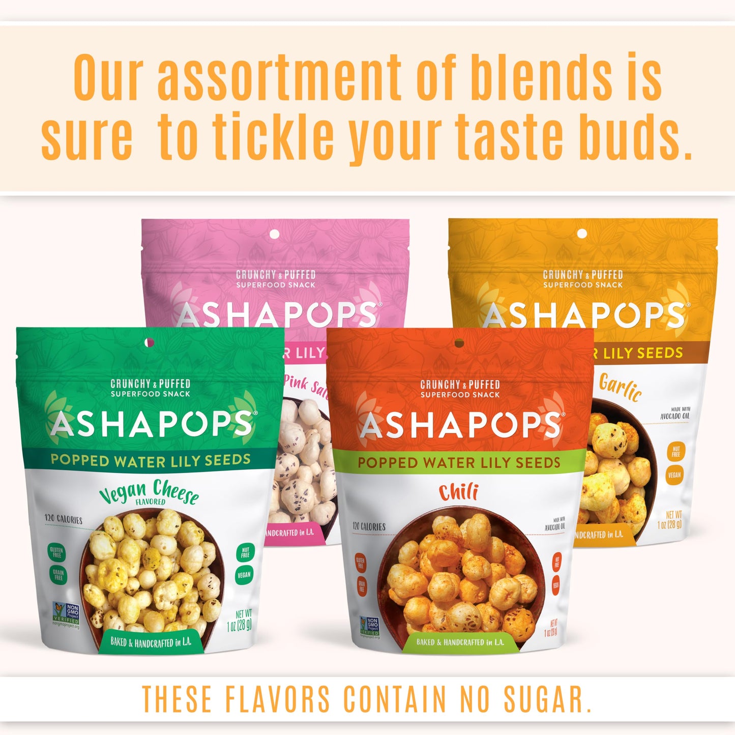 AshaPops Popped Water Lily Seeds Variety Pack - Gluten Free, Vegan, 1 oz (Pack of 4 Bags)