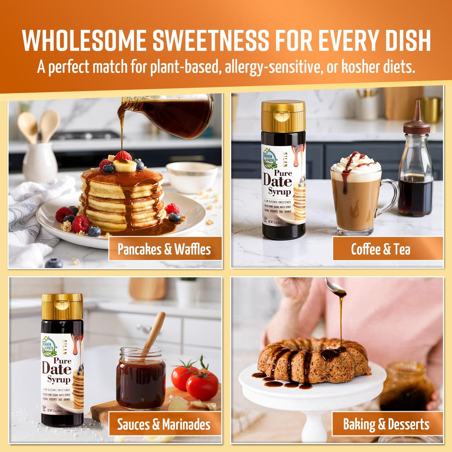 HEAVEN & EARTH Organic Silan Date Syrup, 12 Fl Oz - Natural Honey Alternative, Low Glycemic Index, Kosher