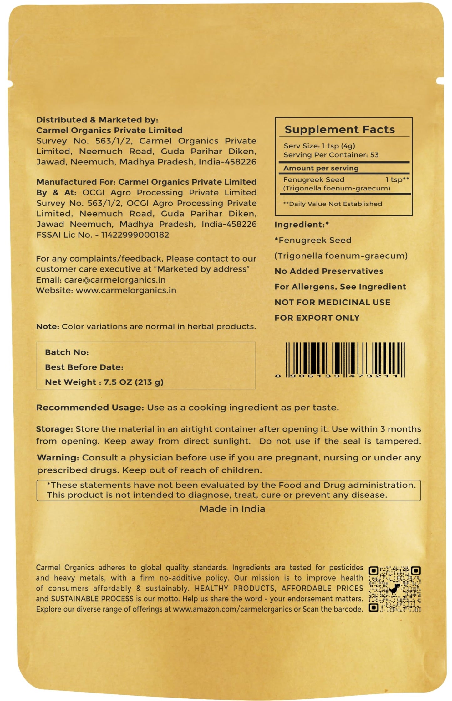 Fenugreek Seeds Whole - 7.5 Ounce | Natural | Non-Gmo | Perfect For Cooking, Herbal Remedies & Diy Beauty, No Added Preservative