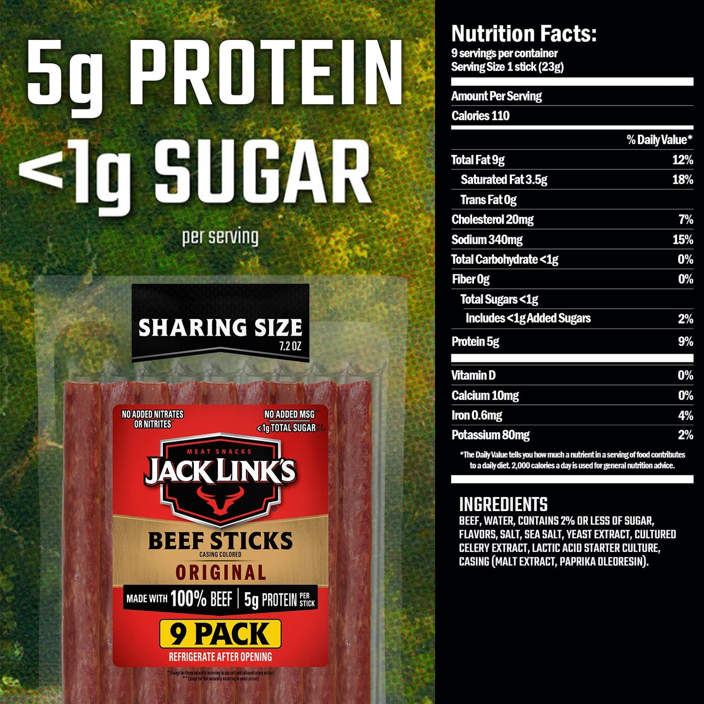 Jack Link's Beef Sticks, Original Protein Snack, 100% Beef, 7.2 Oz
