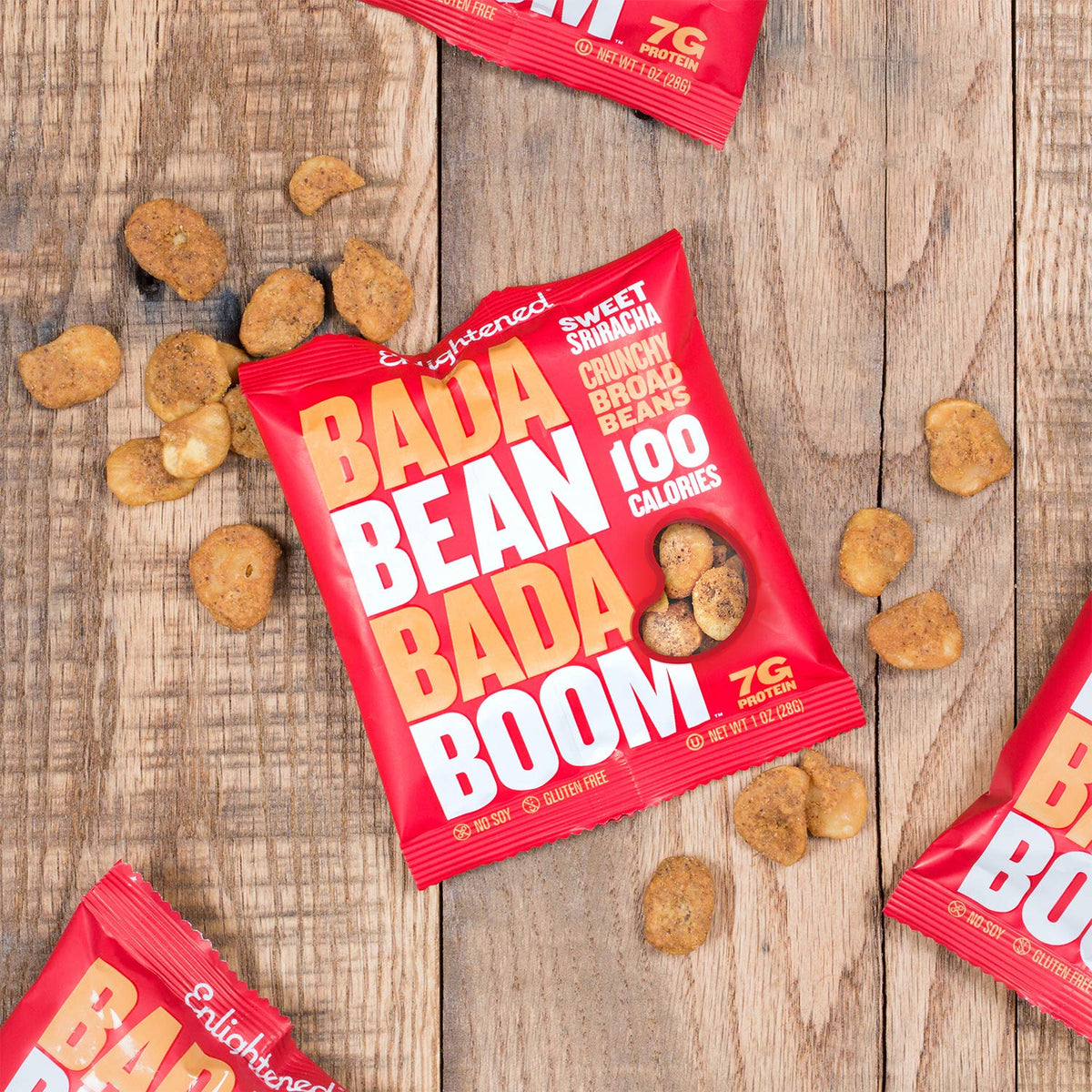 Enlightened Bada Bean Bada Boom Sriracha Snacks, Plant-Based Protein, Gluten Free, 1 oz, 24 Pack, Red