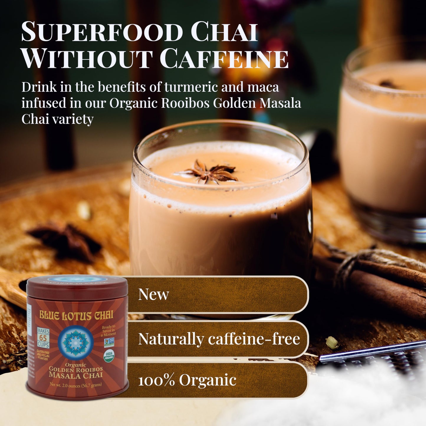 BLUE LOTUS CHAI Masala Chai Powder - Golden Rooibos Flavor - Instant Tea - 2 Oz - Makes 65 Cups - Gluten Free