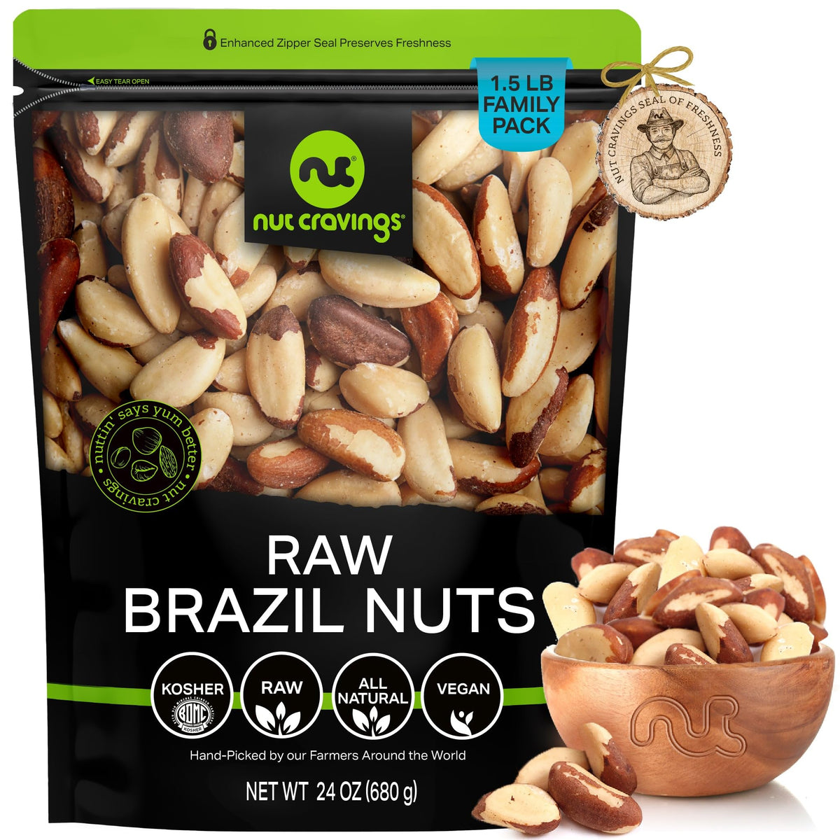 Nut Cravings - Raw Brazil Nuts, Unsalted, No Shell, Whole, (24Oz - 1.5 Lb) Bulk Nuts Packed Fresh In Resealable Bag - Kosher Hea