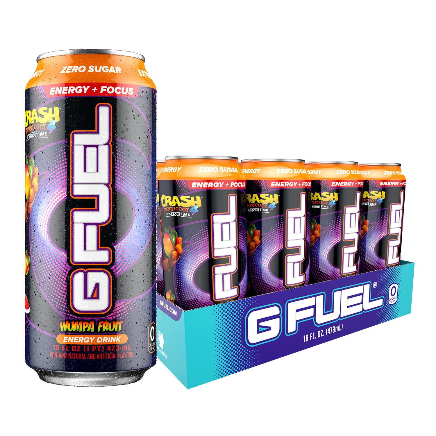 G Fuel Crash Bandicoot Energy Drink, Sugar Free, 300 mg Caffeine, Wumpa Fruit Flavor, 16 Fl Oz, Pack of 12, Yellow