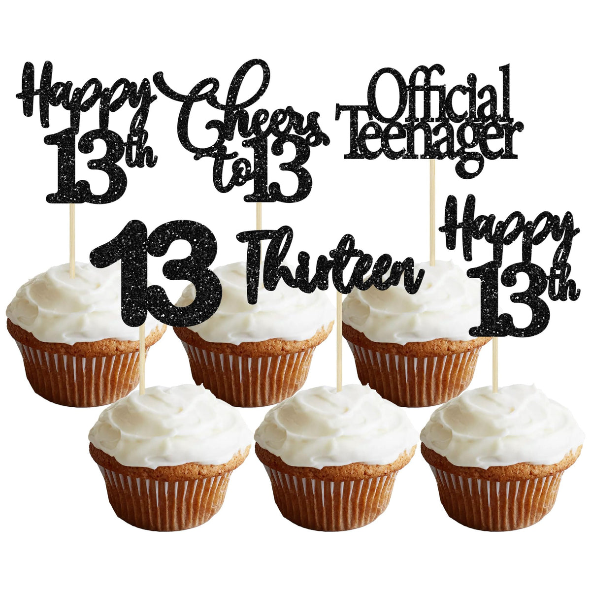 30 Pack Happy 13Th Birthday Cupcake Toppers Black Glitter 13 Official Teenager Cheers To 13 Years Old Birthday Cupcake Picks For